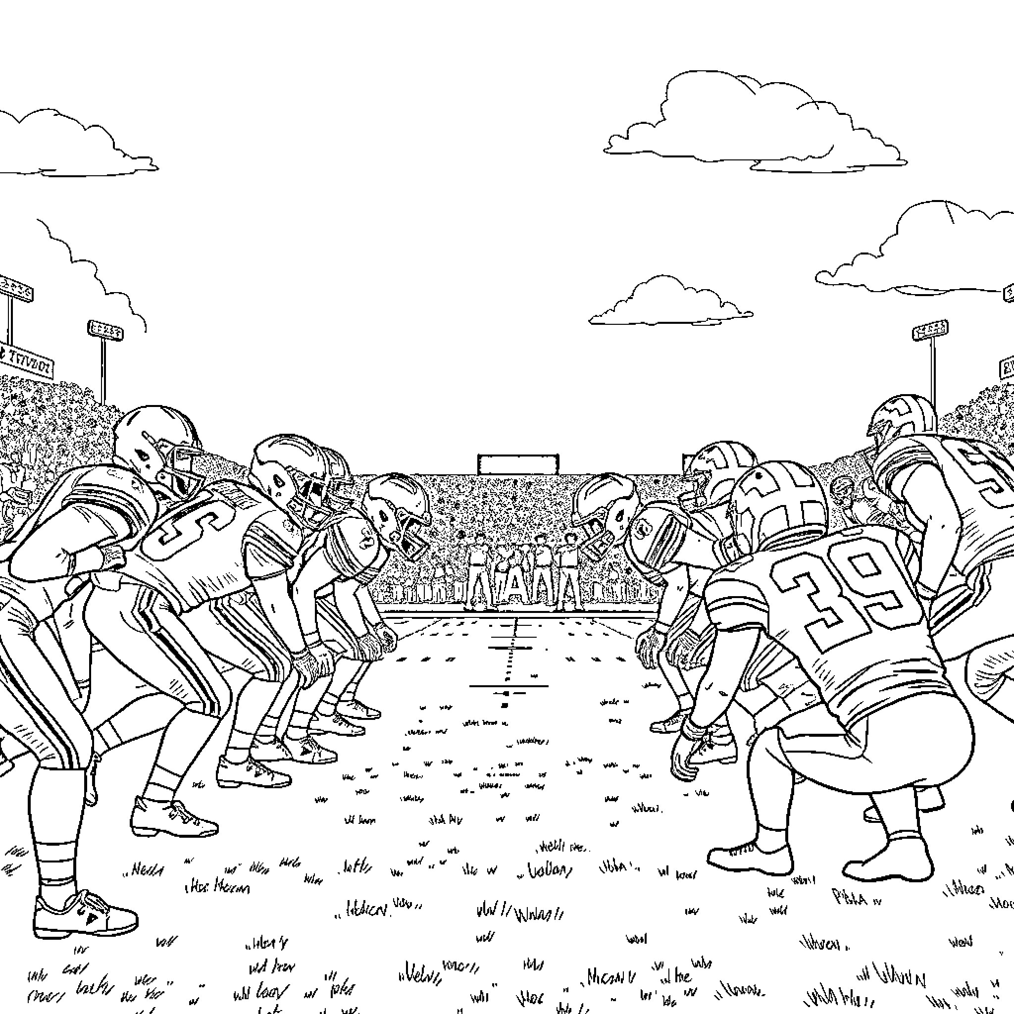 Ohio State vs Michigan: Intense Football Matchup on the Field Coloring Page (free black-and-white line drawing printable PDF for all, from beginners to advanced learners, including children, teens, adults, and seniors)