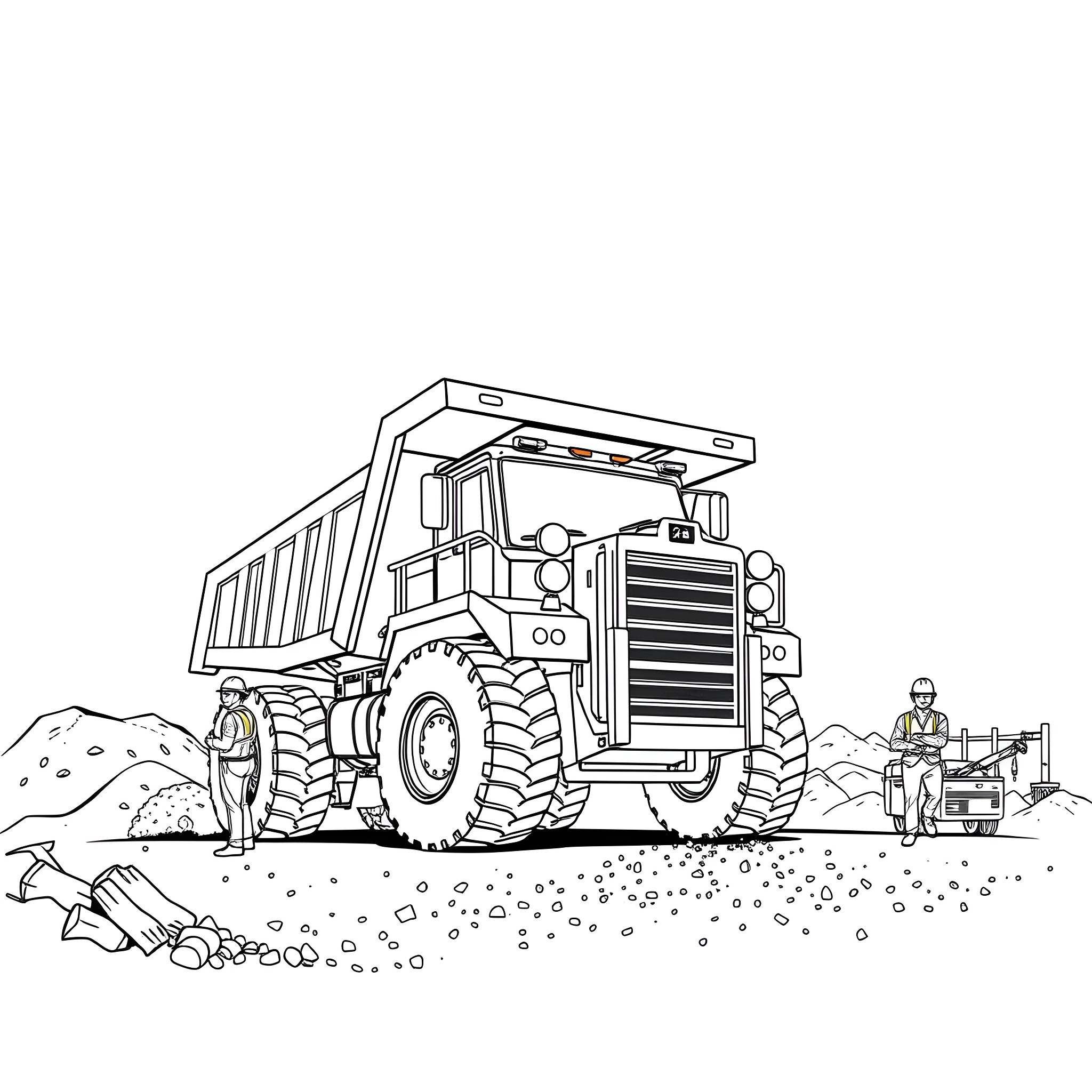 Dump Truck Transporting Materials at Construction Site Coloring Page (free black-and-white line drawing printable PDF for all, from beginners to advanced learners, including children, teens, adults, and seniors)