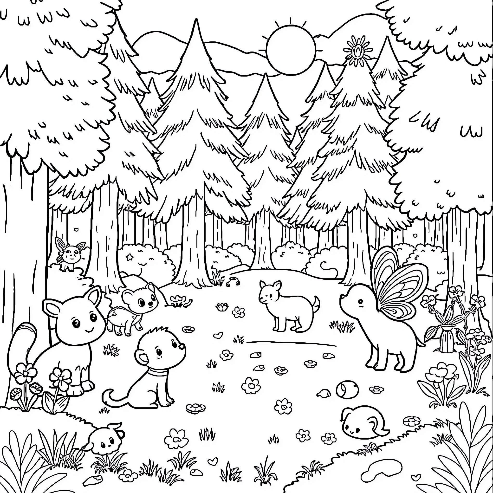 Animal forest scene with playful creatures Coloring Page (free black-and-white line drawing printable PDF for all, from beginners to advanced learners, including children, teens, adults, and seniors)