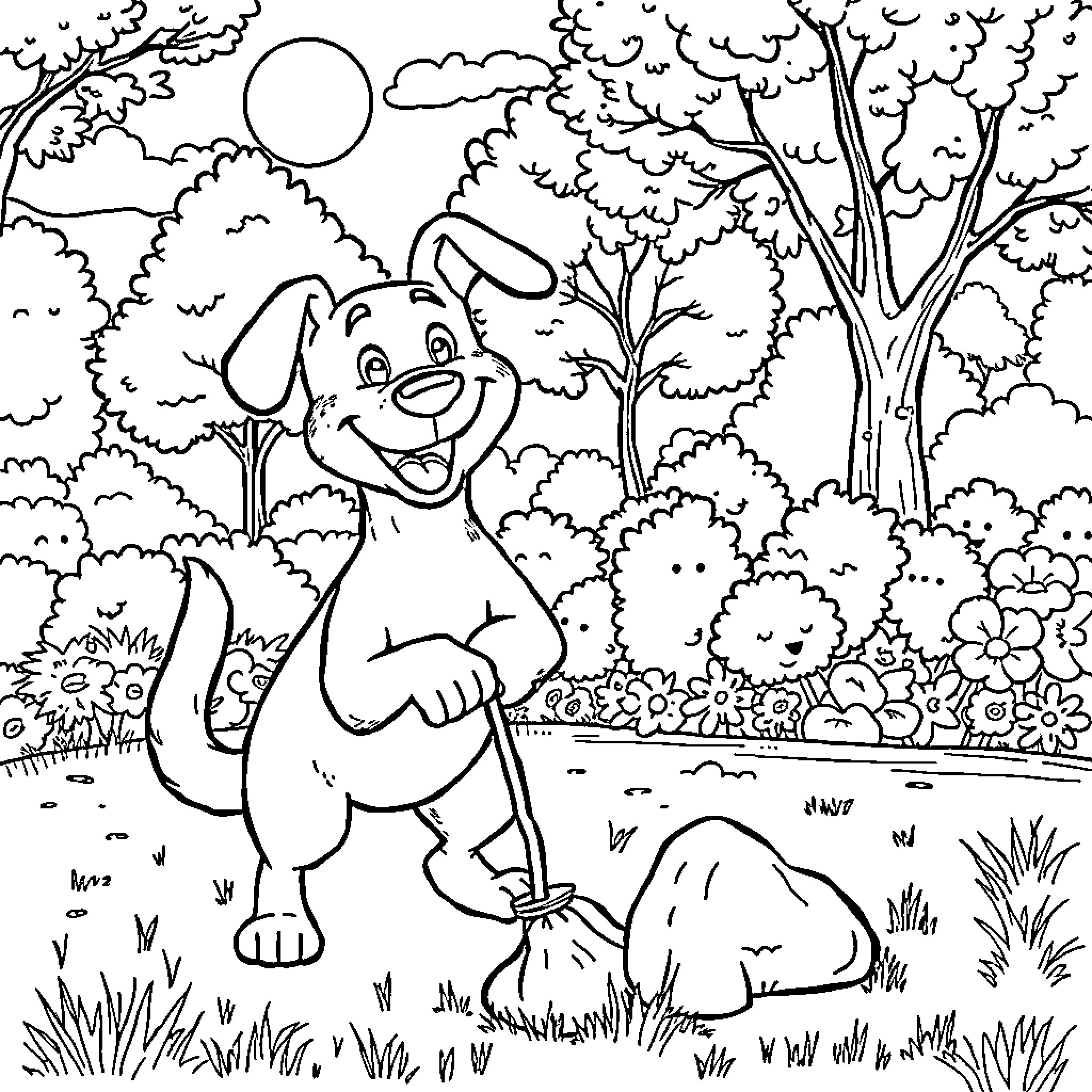 Dog exploring happy in the forest landscape Coloring Page (free black-and-white line drawing printable PDF for all, from beginners to advanced learners, including children, teens, adults, and seniors)