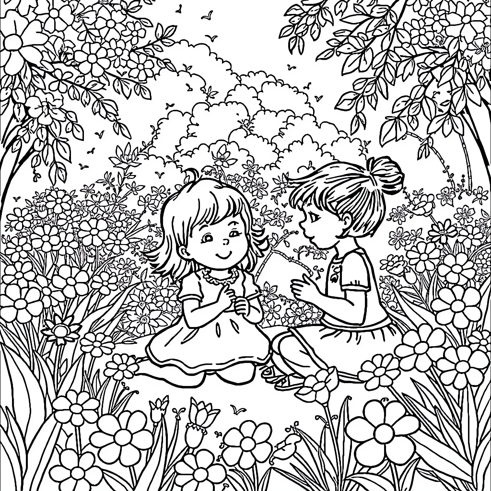 Child playing with friend in blooming garden Coloring Page (free black-and-white line drawing printable PDF for all, from beginners to advanced learners, including children, teens, adults, and seniors)