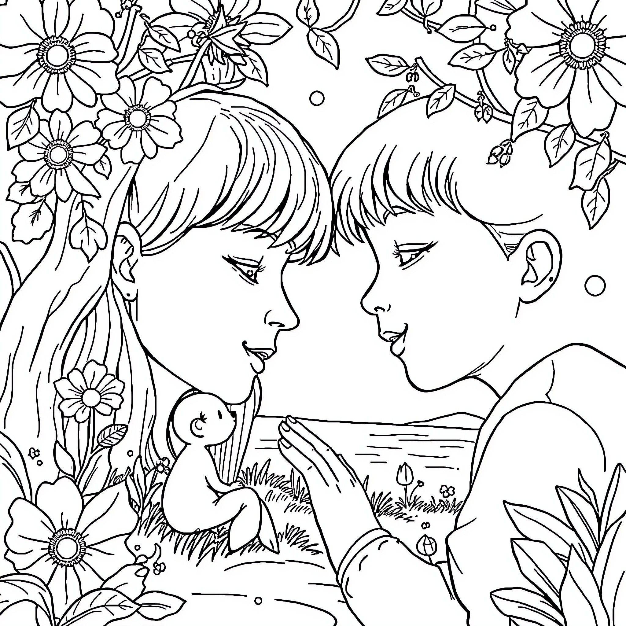 Life of love and nature Coloring Page (free black-and-white line drawing printable PDF for all, from beginners to advanced learners, including children, teens, adults, and seniors)