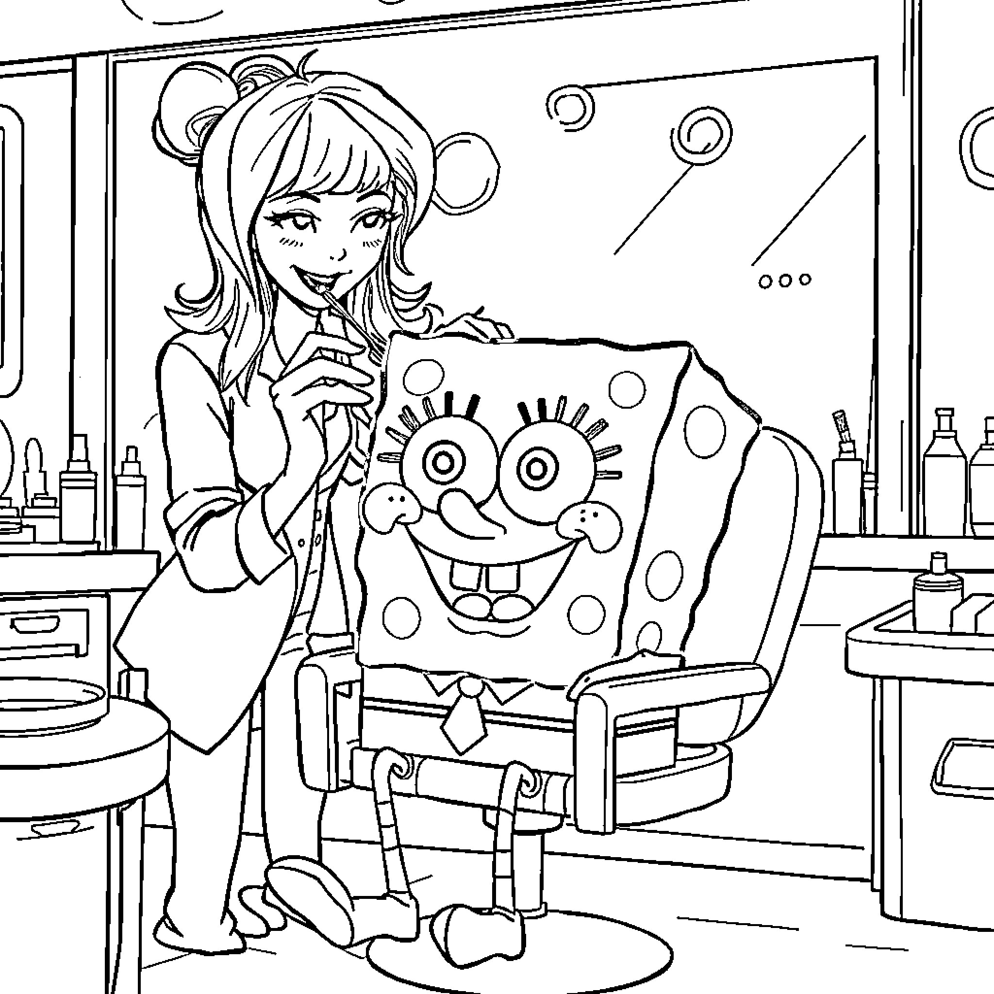 Spongebob's Friends Go Shopping Together Coloring Page (free black-and-white line drawing printable PDF for all, from beginners to advanced learners, including children, teens, adults, and seniors)