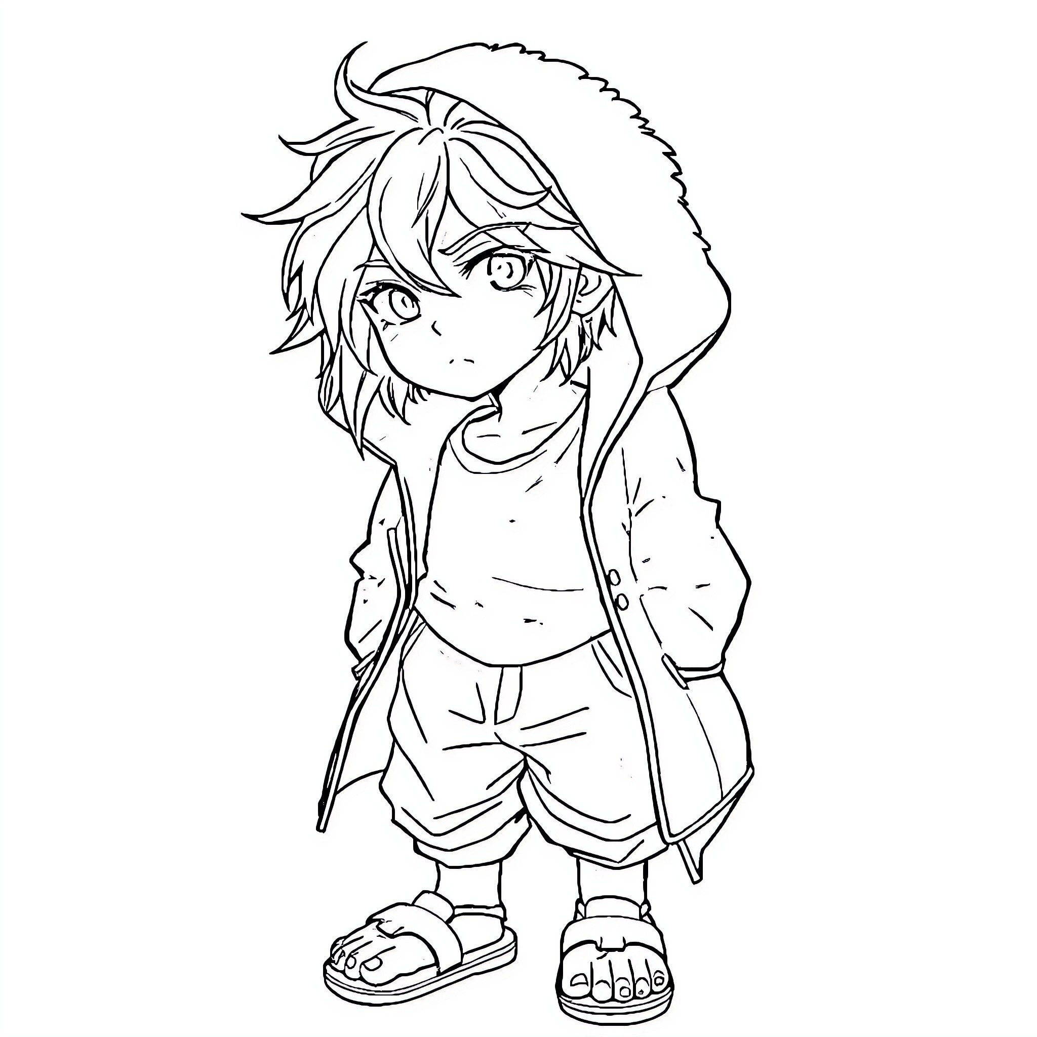 Boy in casual outfit with curious expression Coloring Page (free black-and-white line drawing printable PDF for all, from beginners to advanced learners, including children, teens, adults, and seniors)