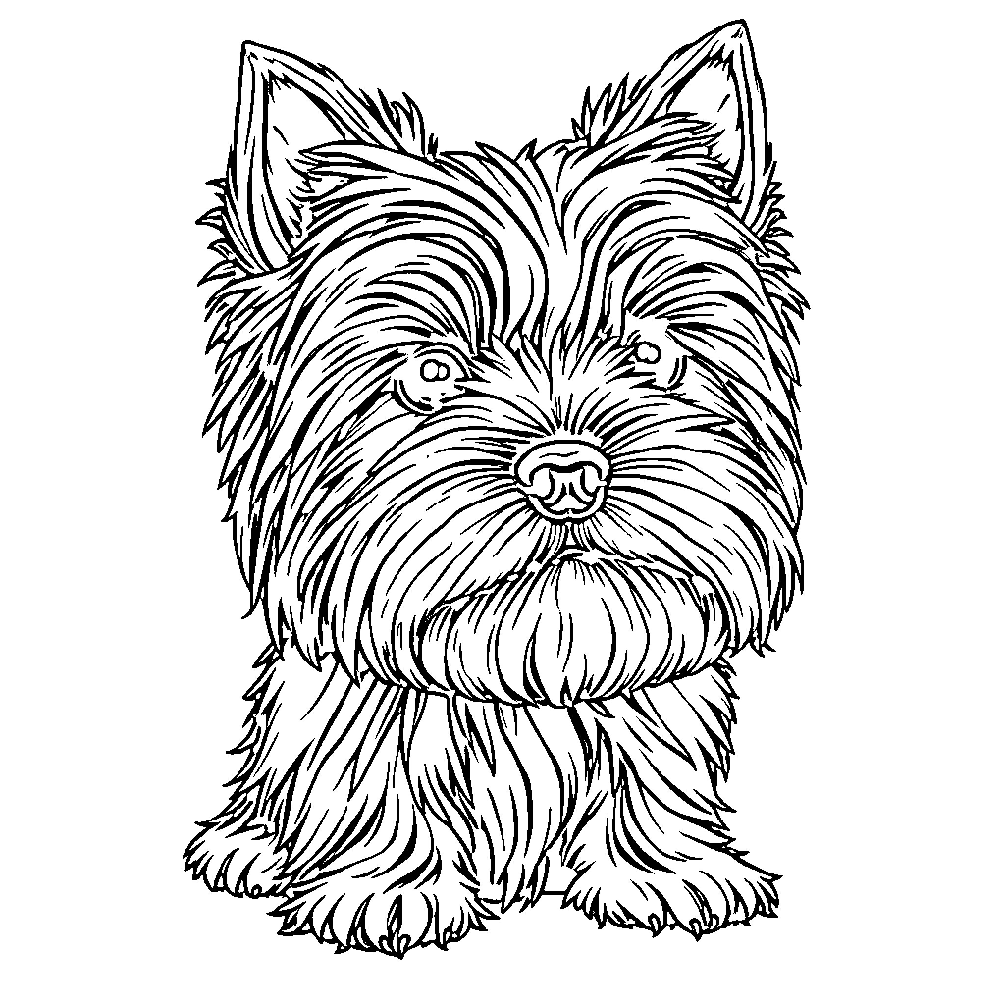 Yorkshire Terrier sitting attentively Coloring Page (free black-and-white line drawing printable PDF for all, from beginners to advanced learners, including children, teens, adults, and seniors)
