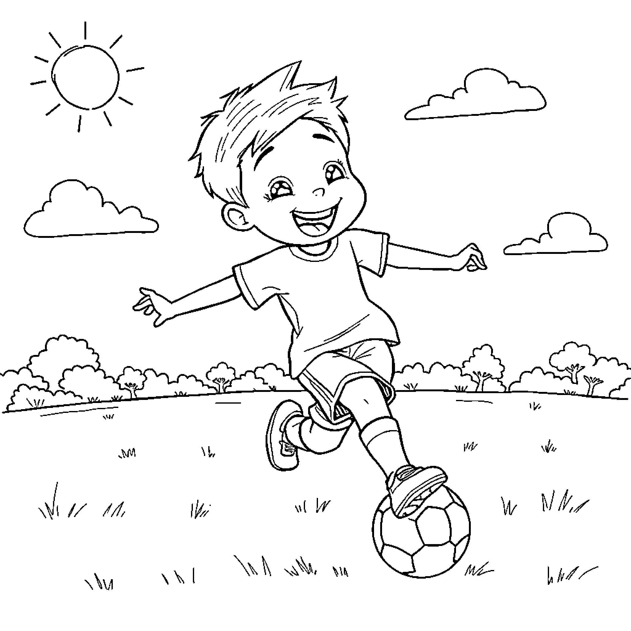 Kid happily playing with soccer ball in the park Coloring Page (free black-and-white line drawing printable PDF for all, from beginners to advanced learners, including children, teens, adults, and seniors)