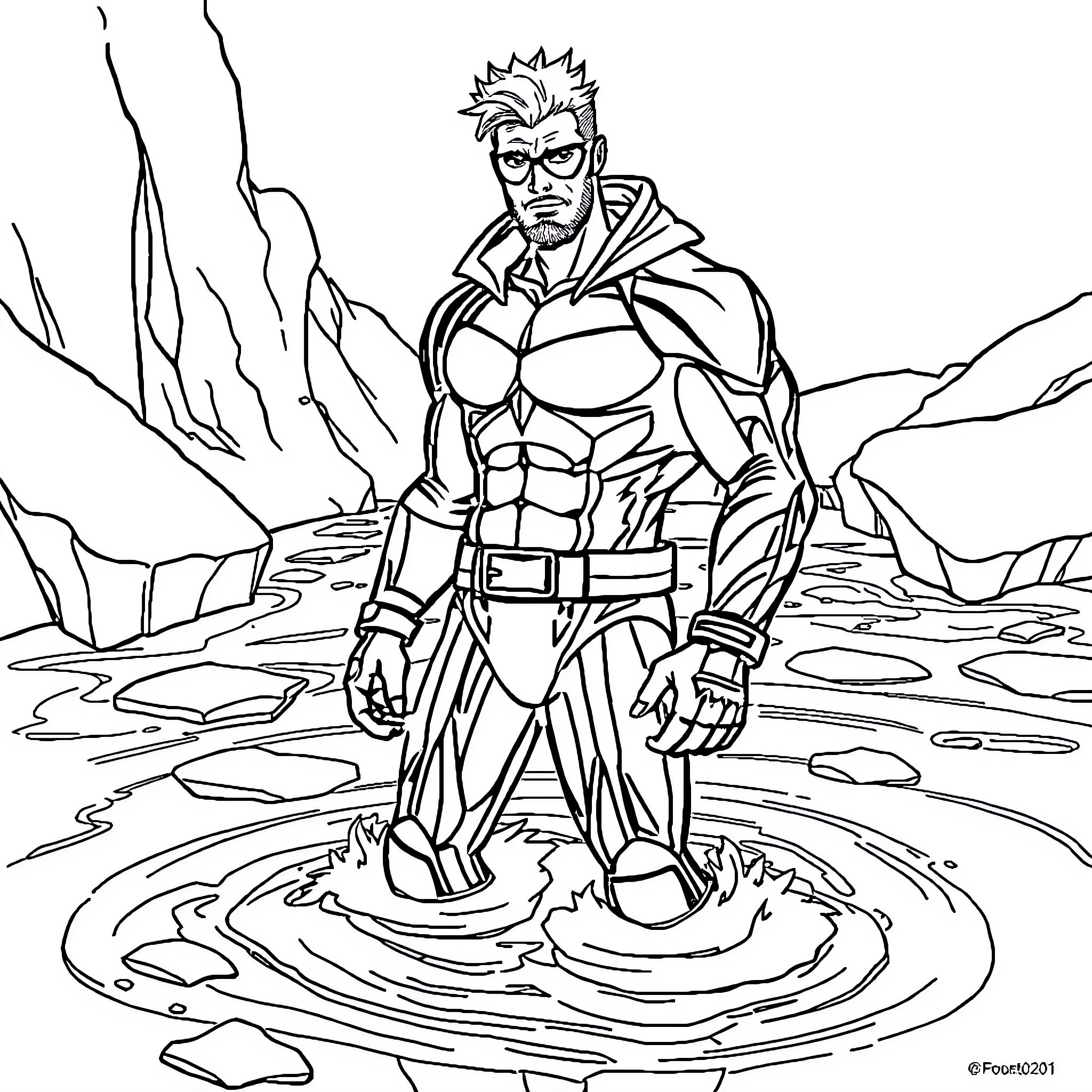 Sub Zero Warrior in Icy Landscape Coloring Page (free black-and-white line drawing printable PDF for all, from beginners to advanced learners, including children, teens, adults, and seniors)