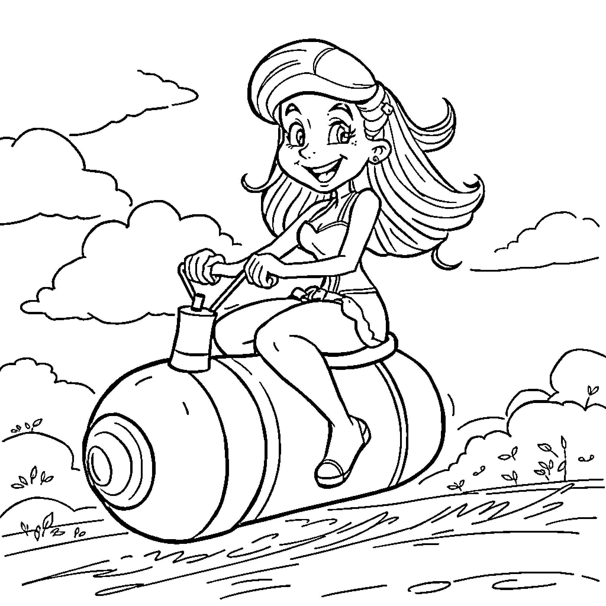 Sydney Sweeney riding a rocket-powered scooter Coloring Page (free black-and-white line drawing printable PDF for all, from beginners to advanced learners, including children, teens, adults, and seniors)