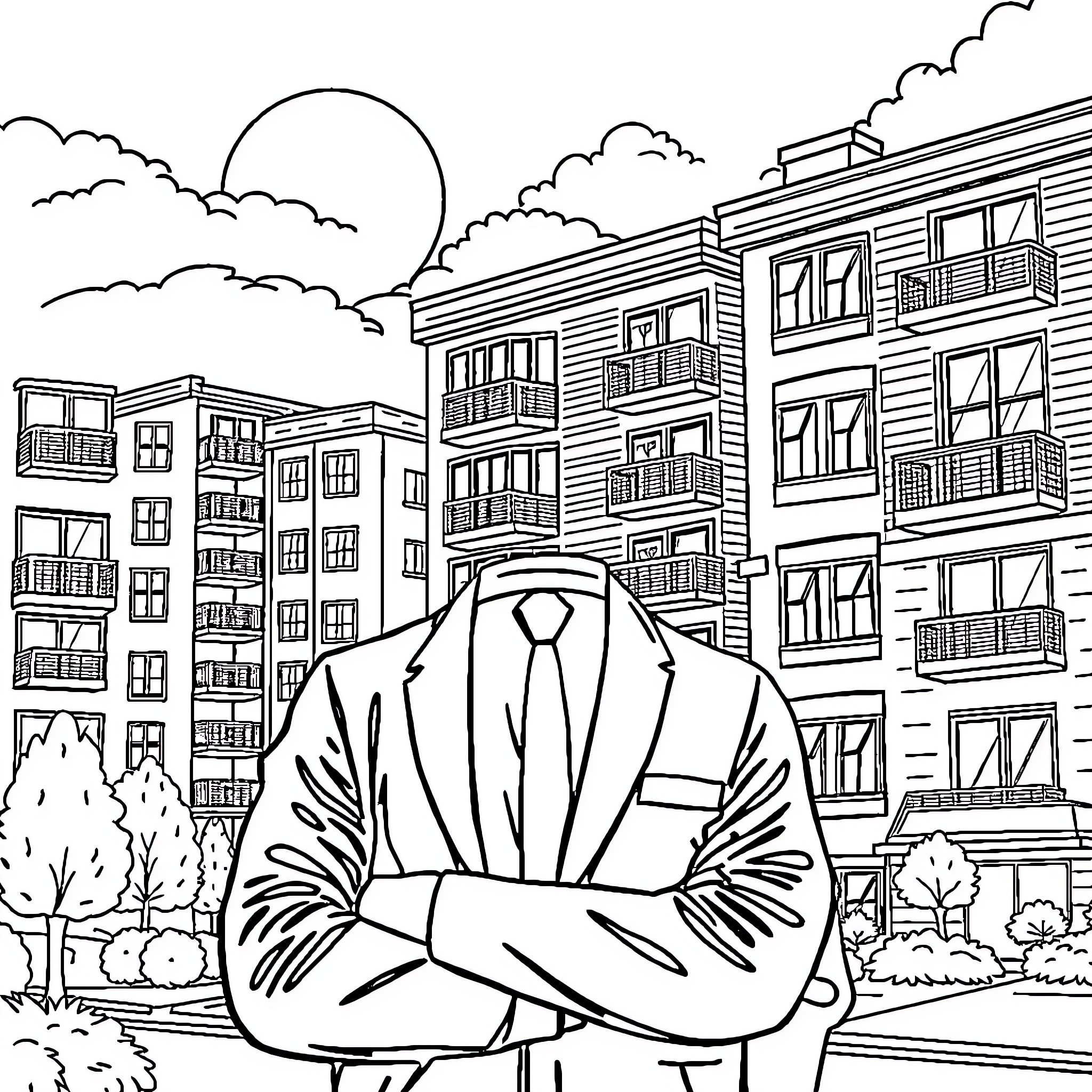 Property Manager Overseeing Apartment Building Operations Coloring Page (free black-and-white line drawing printable PDF for all, from beginners to advanced learners, including children, teens, adults, and seniors)