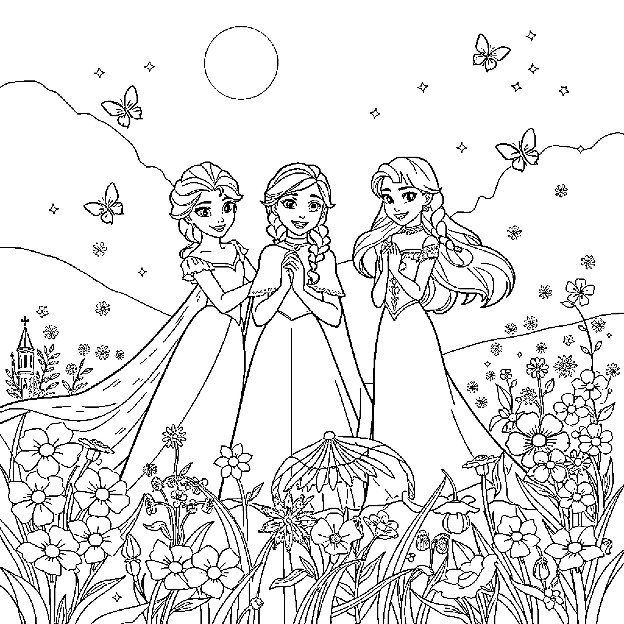 Princess Trio in a Floral Garden Coloring Page (free black-and-white line drawing printable PDF for all, from beginners to advanced learners, including children, teens, adults, and seniors)