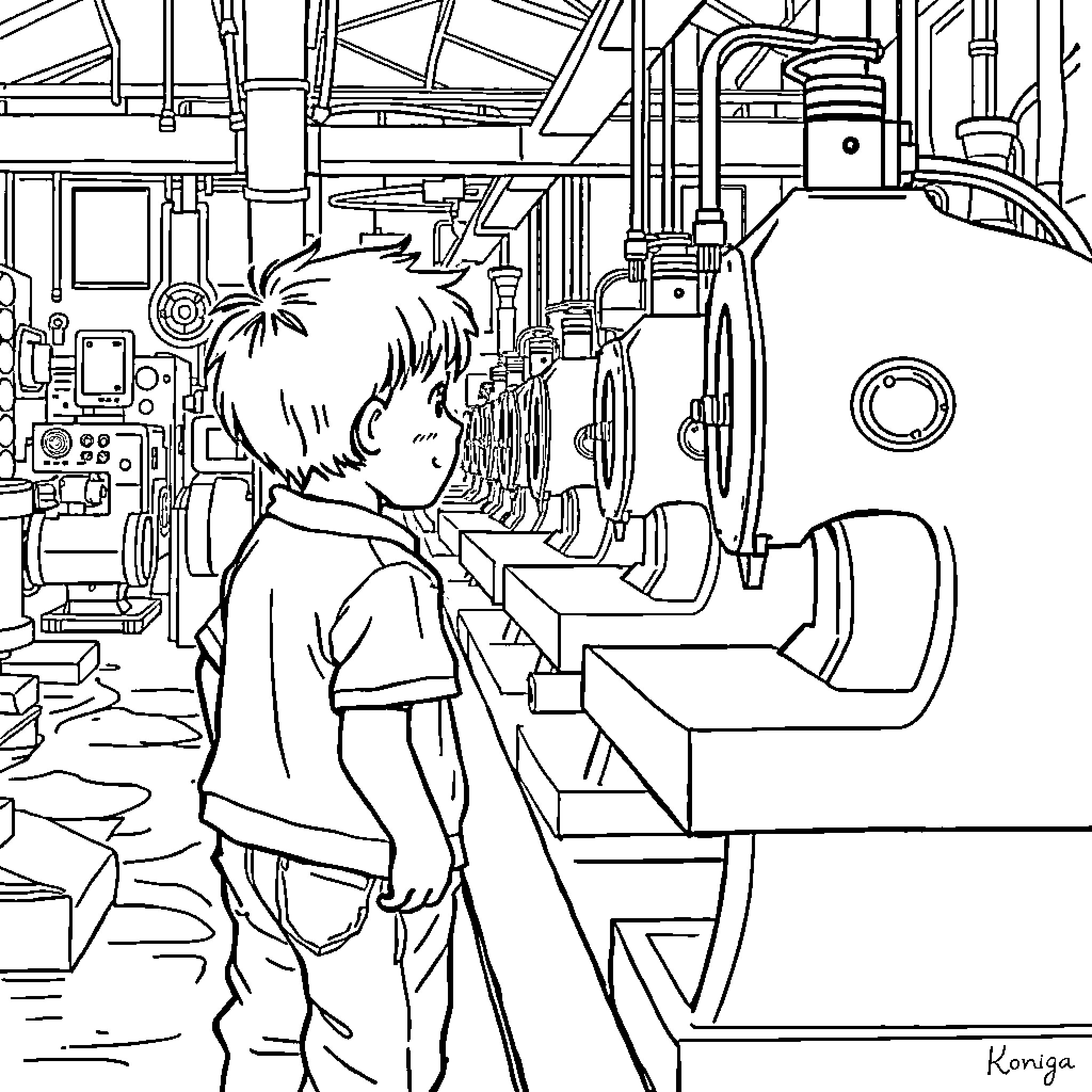 Niño exploring a complex industrial facility Coloring Page (free black-and-white line drawing printable PDF for all, from beginners to advanced learners, including children, teens, adults, and seniors)