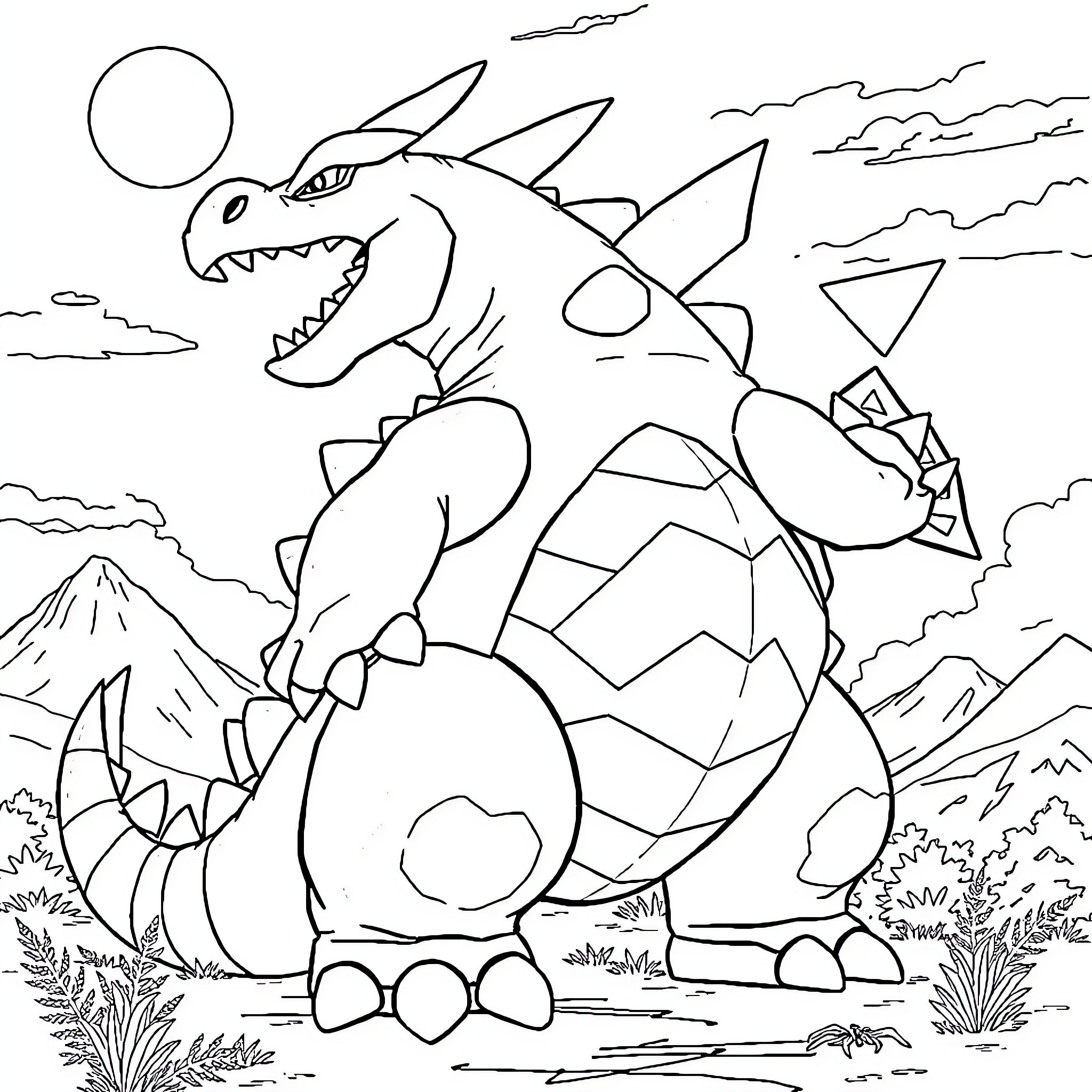 Groudon unleashing its power in the wild landscape Coloring Page (free black-and-white line drawing printable PDF for all, from beginners to advanced learners, including children, teens, adults, and seniors)