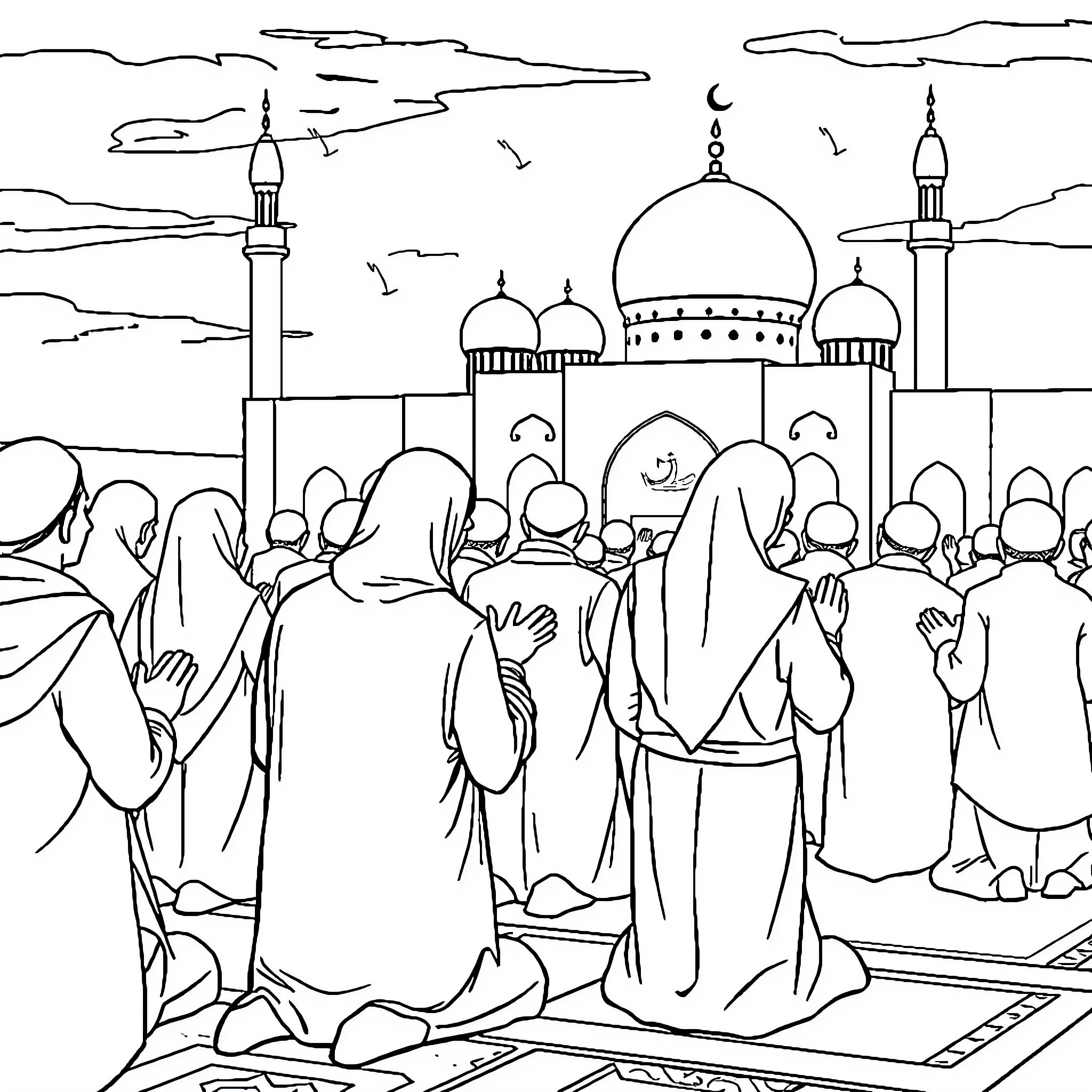 Islamic gathering at the grand mosque Coloring Page (free black-and-white line drawing printable PDF for all, from beginners to advanced learners, including children, teens, adults, and seniors)