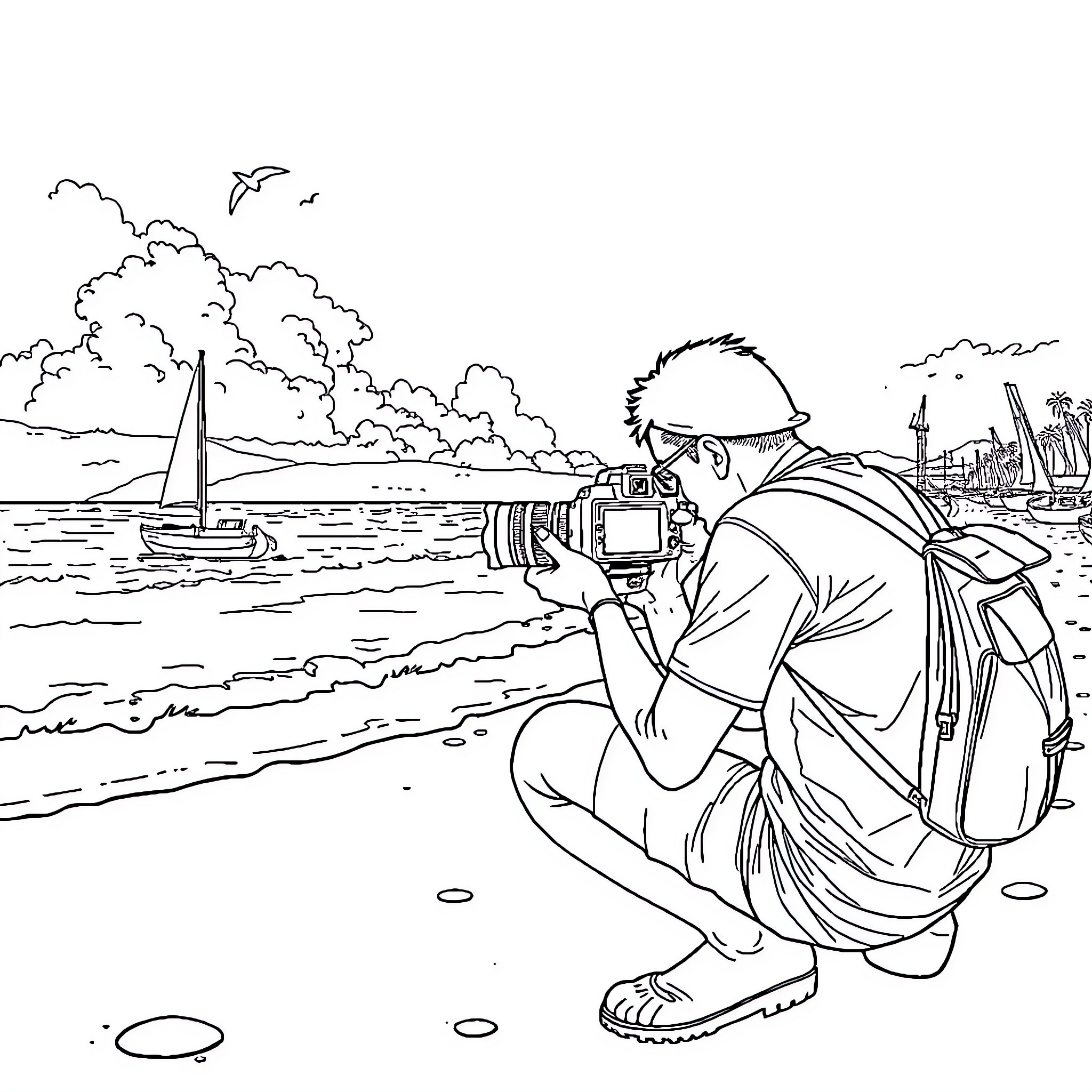 Fotógrafo capturing a scenic seaside landscape Coloring Page (free black-and-white line drawing printable PDF for all, from beginners to advanced learners, including children, teens, adults, and seniors)