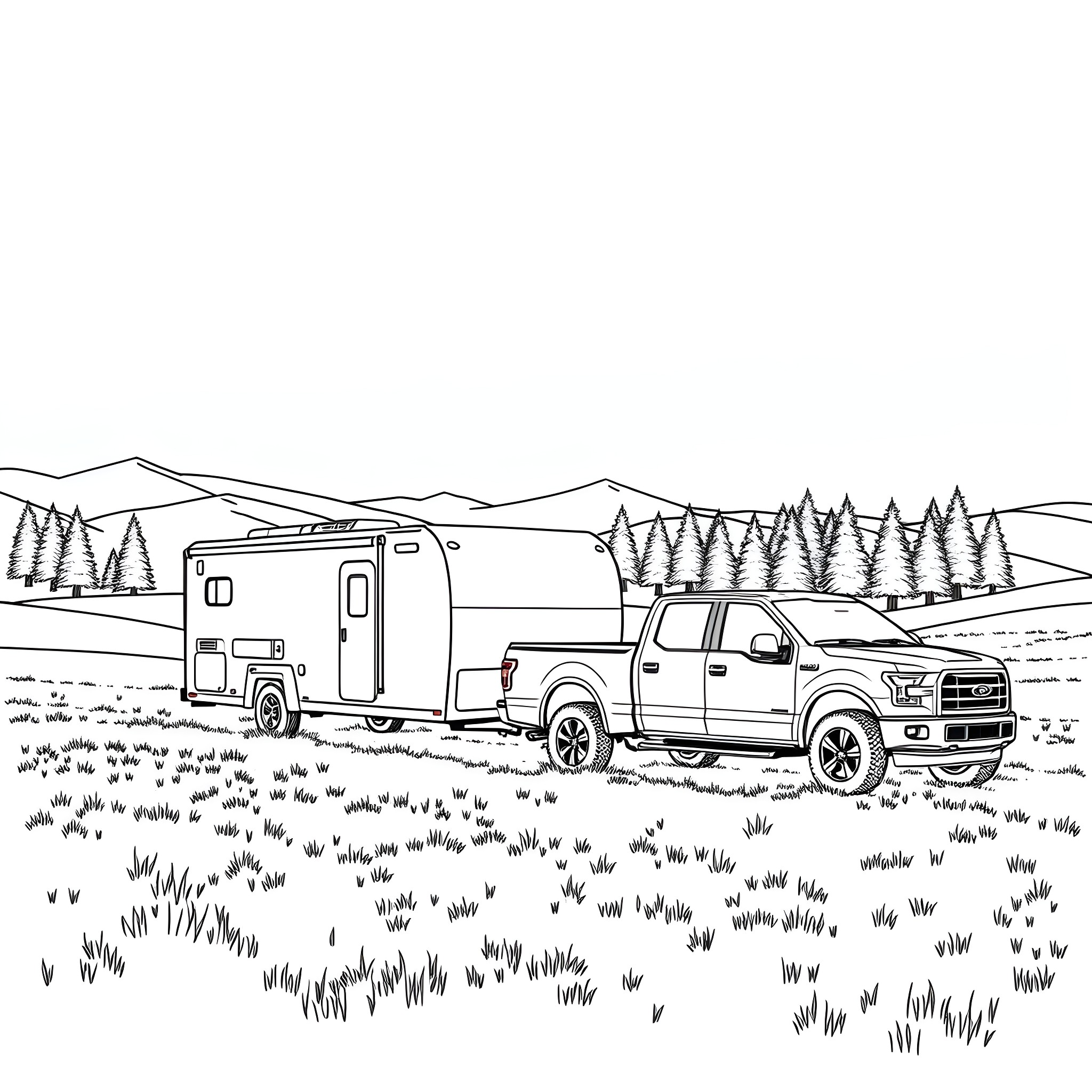 Pickup Truck Towing Camper in Wilderness Landscape Coloring Page (free black-and-white line drawing printable PDF for all, from beginners to advanced learners, including children, teens, adults, and seniors)