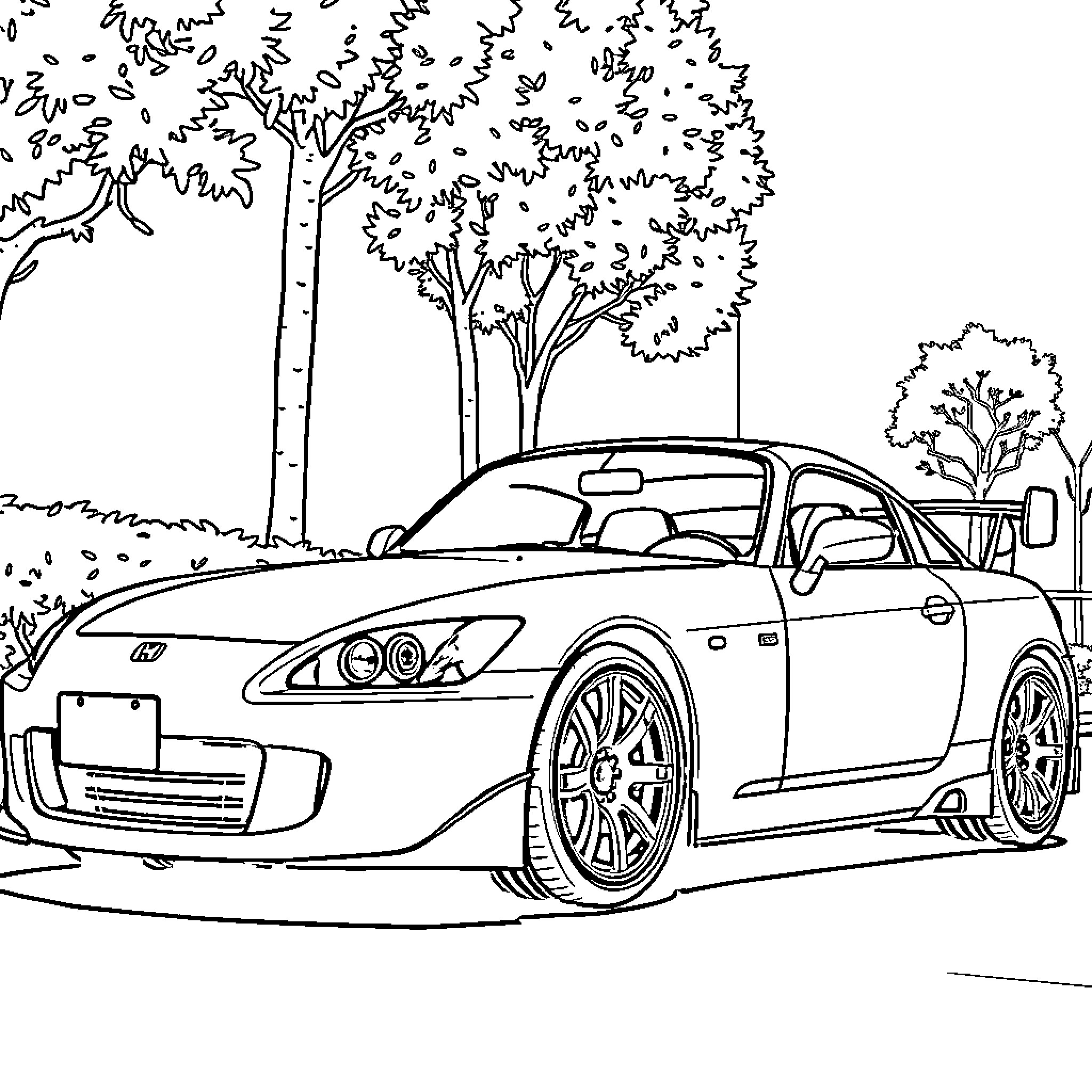 Honda Sports Car on Winding Road Coloring Page (free black-and-white line drawing printable PDF for all, from beginners to advanced learners, including children, teens, adults, and seniors)