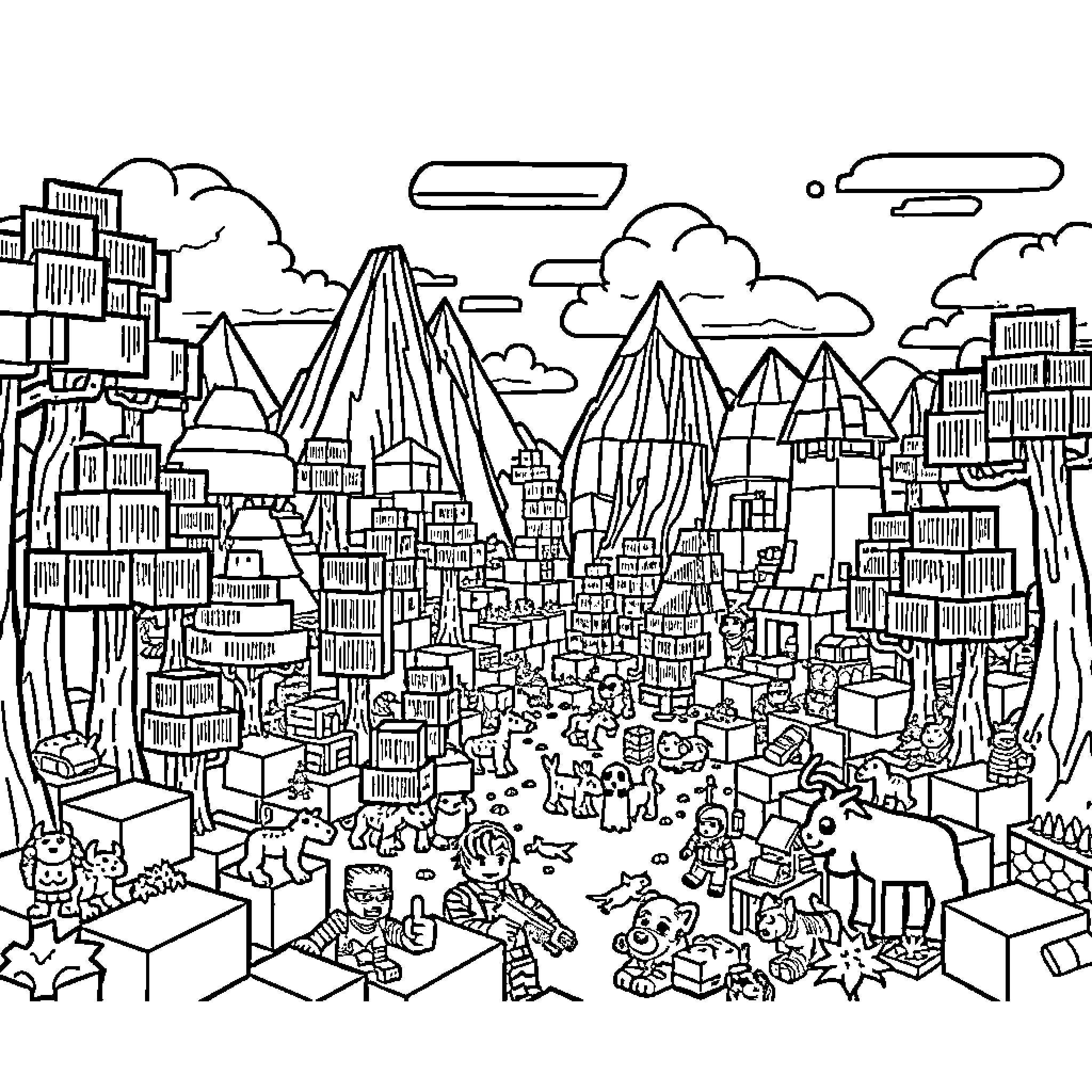 Minecraft - Bustling Metropolis in the Mountains Coloring Page (free black-and-white line drawing printable PDF for all, from beginners to advanced learners, including children, teens, adults, and seniors)