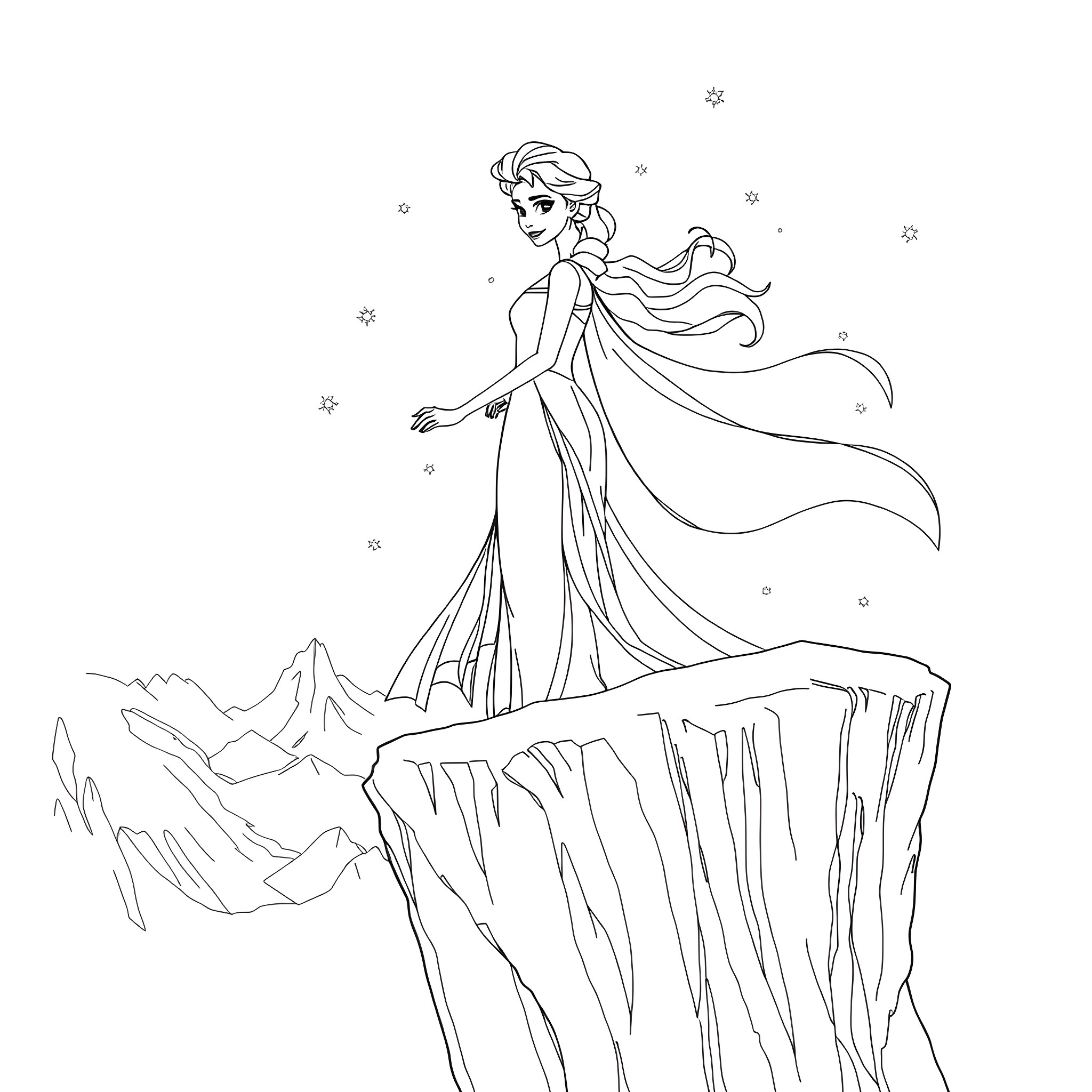 Elsa's Majestic Pose on the Icy Cliffs Coloring Page (free black-and-white line drawing printable PDF for all, from beginners to advanced learners, including children, teens, adults, and seniors)
