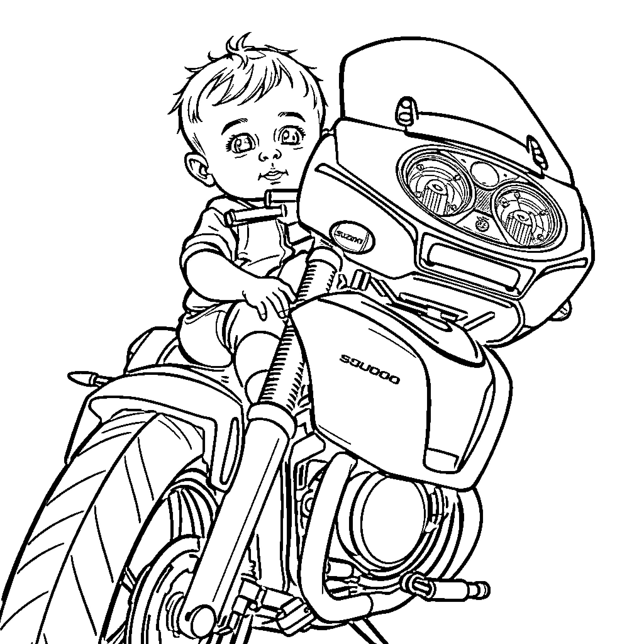 Baby riding motorcycle with excitement Coloring Page (free black-and-white line drawing printable PDF for all, from beginners to advanced learners, including children, teens, adults, and seniors)