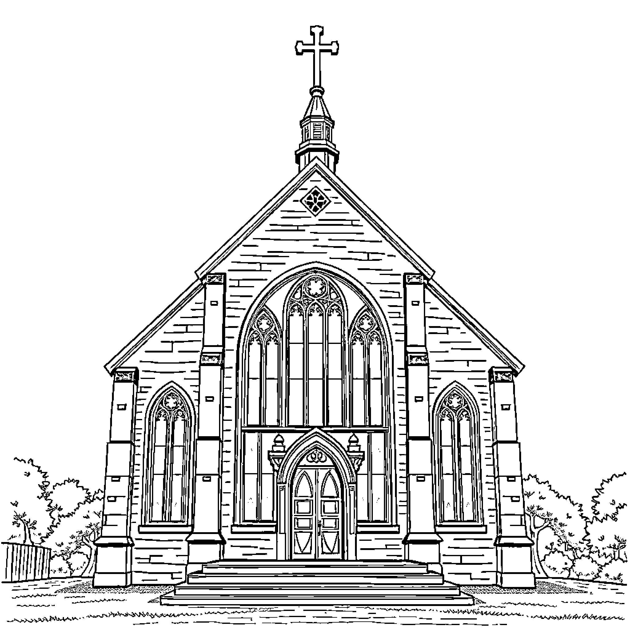 Church with Gothic Architecture and Spire Coloring Page (free black-and-white line drawing printable PDF for all, from beginners to advanced learners, including children, teens, adults, and seniors)