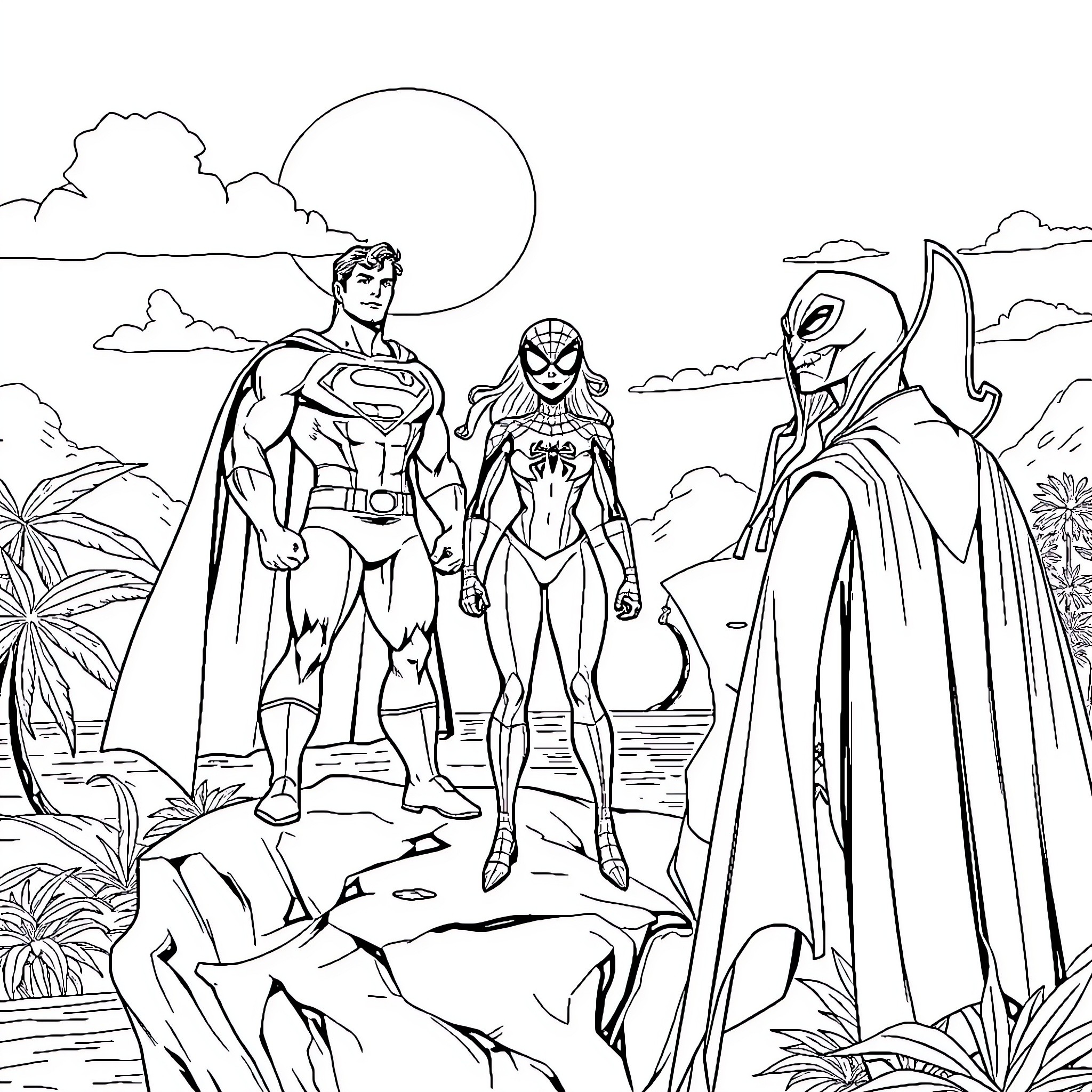 Superman, Spider-Man, and Alien Superhero in Tropical Landscape Coloring Page (free black-and-white line drawing printable PDF for all, from beginners to advanced learners, including children, teens, adults, and seniors)
