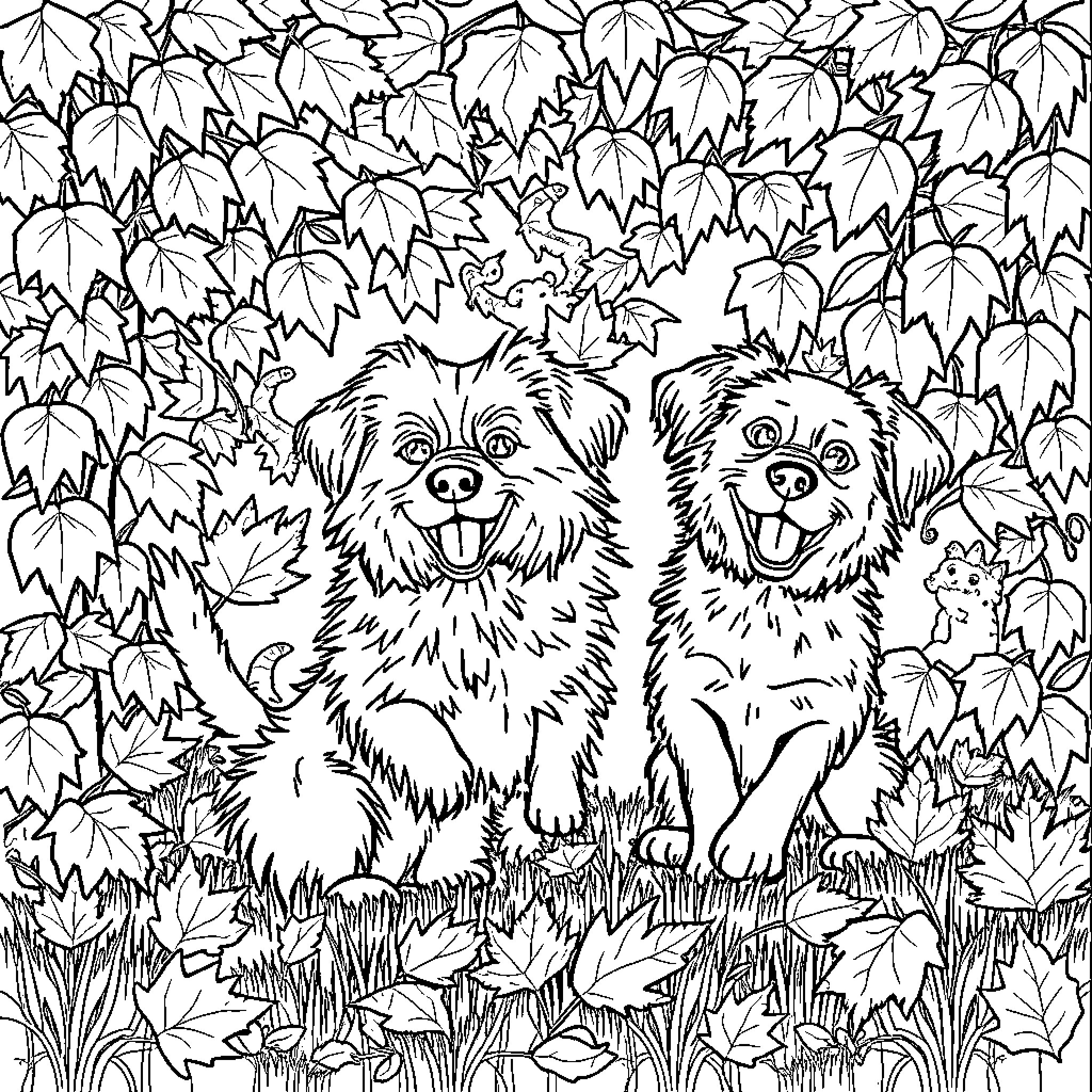 Dogs playing happily in the autumn leaves Coloring Page (free black-and-white line drawing printable PDF for all, from beginners to advanced learners, including children, teens, adults, and seniors)