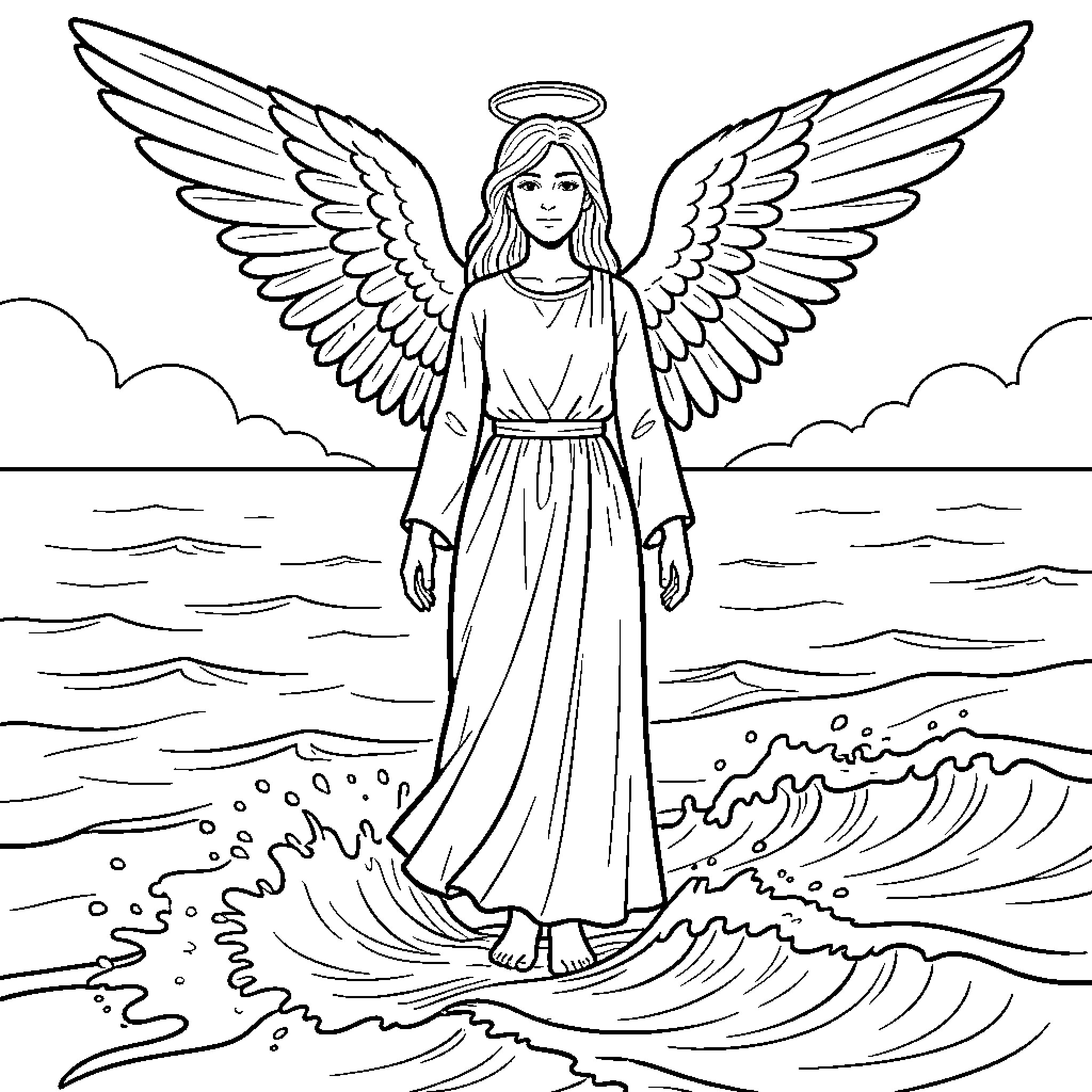 Angel standing peacefully by the ocean waves Coloring Page (free black-and-white line drawing printable PDF for all, from beginners to advanced learners, including children, teens, adults, and seniors)