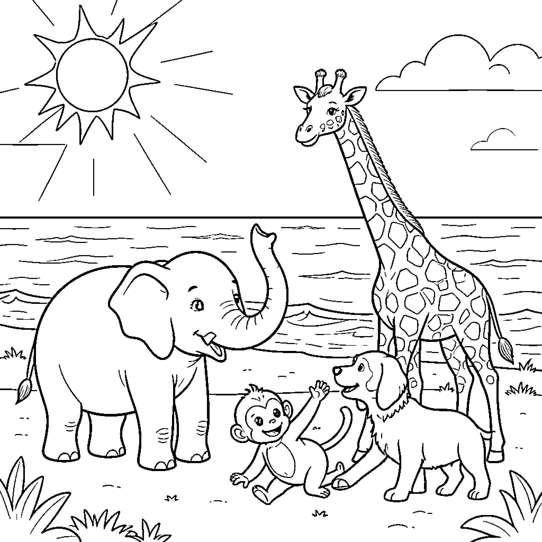 Animal friends gathering happily under the bright sun Coloring Page (free black-and-white line drawing printable PDF for all, from beginners to advanced learners, including children, teens, adults, and seniors)