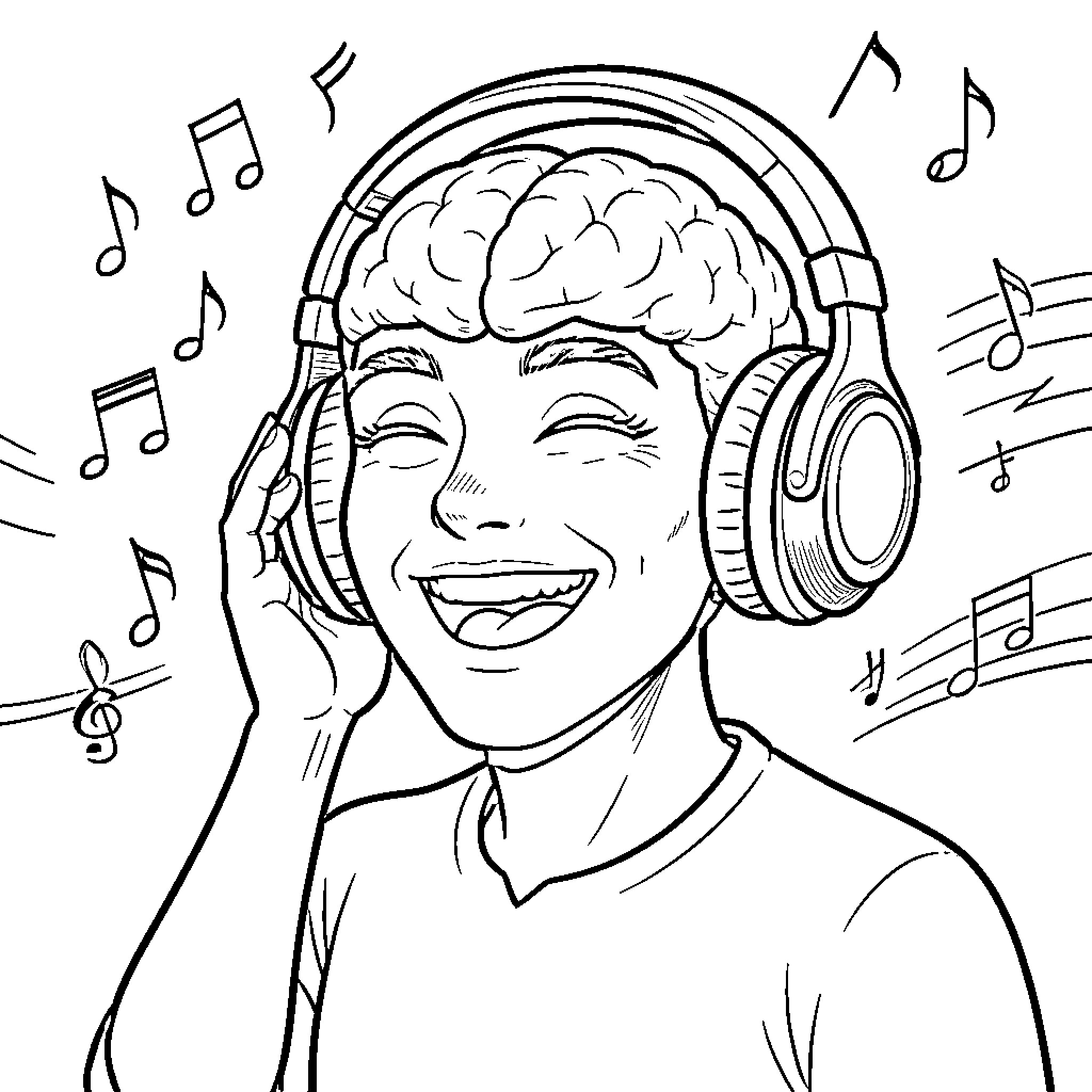 Cerebro: Person Enjoying Music with Headphones Coloring Page (free black-and-white line drawing printable PDF for all, from beginners to advanced learners, including children, teens, adults, and seniors)