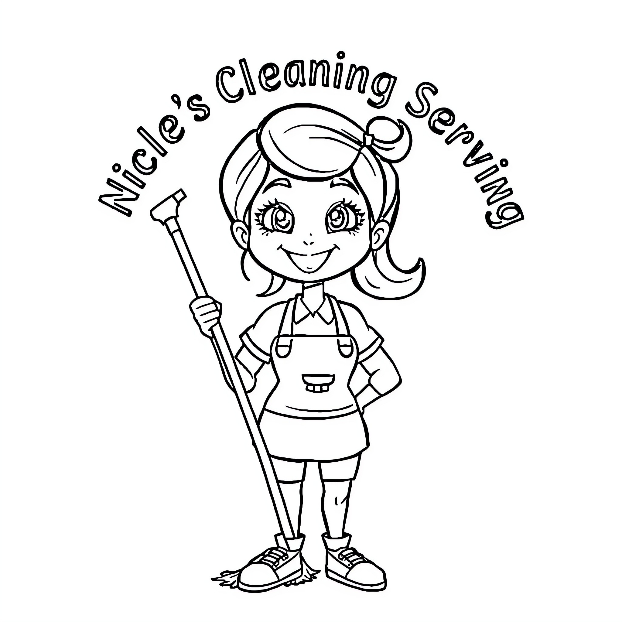 Cleaning Lady Smiling and Holding a Mop Coloring Page (free black-and-white line drawing printable PDF for all, from beginners to advanced learners, including children, teens, adults, and seniors)