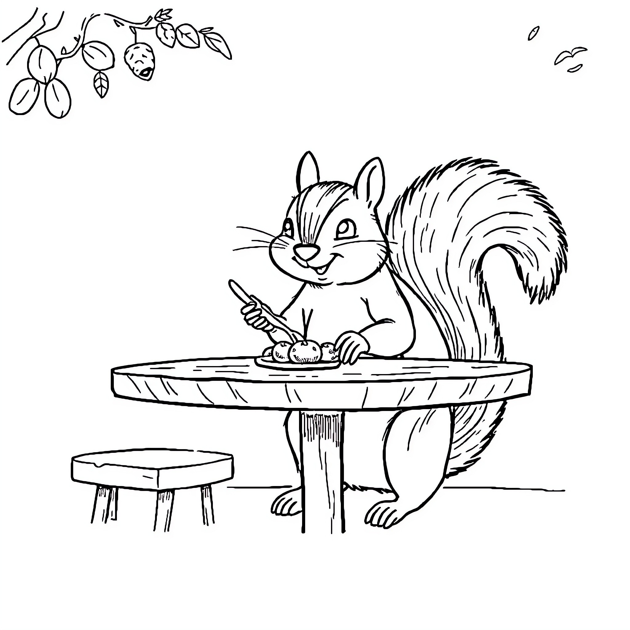 Squirrel enjoying a snack on the table Coloring Page (free black-and-white line drawing printable PDF for all, from beginners to advanced learners, including children, teens, adults, and seniors)