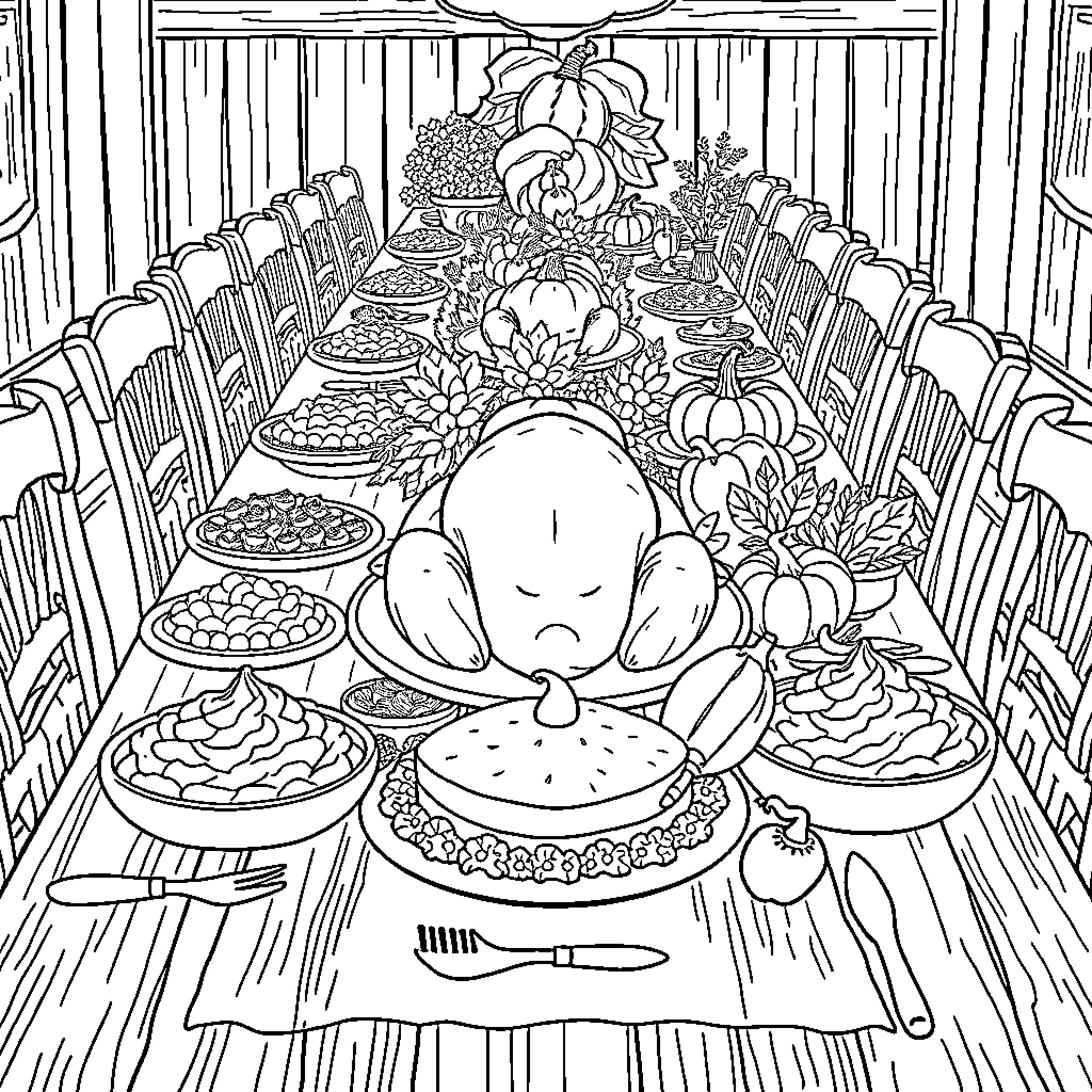 Thanksgiving Dinner on a Bountiful Table Coloring Page (free black-and-white line drawing printable PDF for all, from beginners to advanced learners, including children, teens, adults, and seniors)