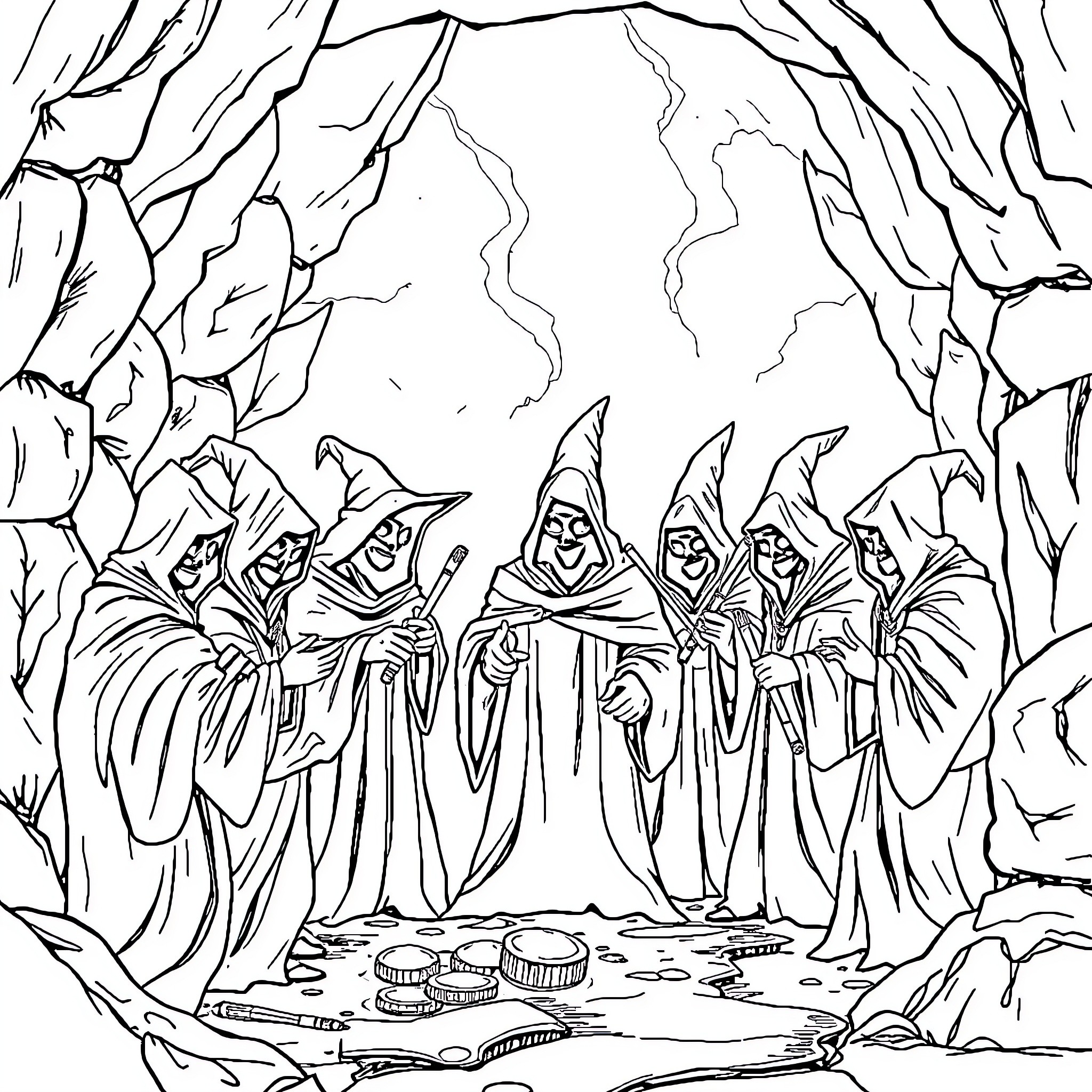 Wizard Gathering in Mysterious Cave Coloring Page (free black-and-white line drawing printable PDF for all, from beginners to advanced learners, including children, teens, adults, and seniors)
