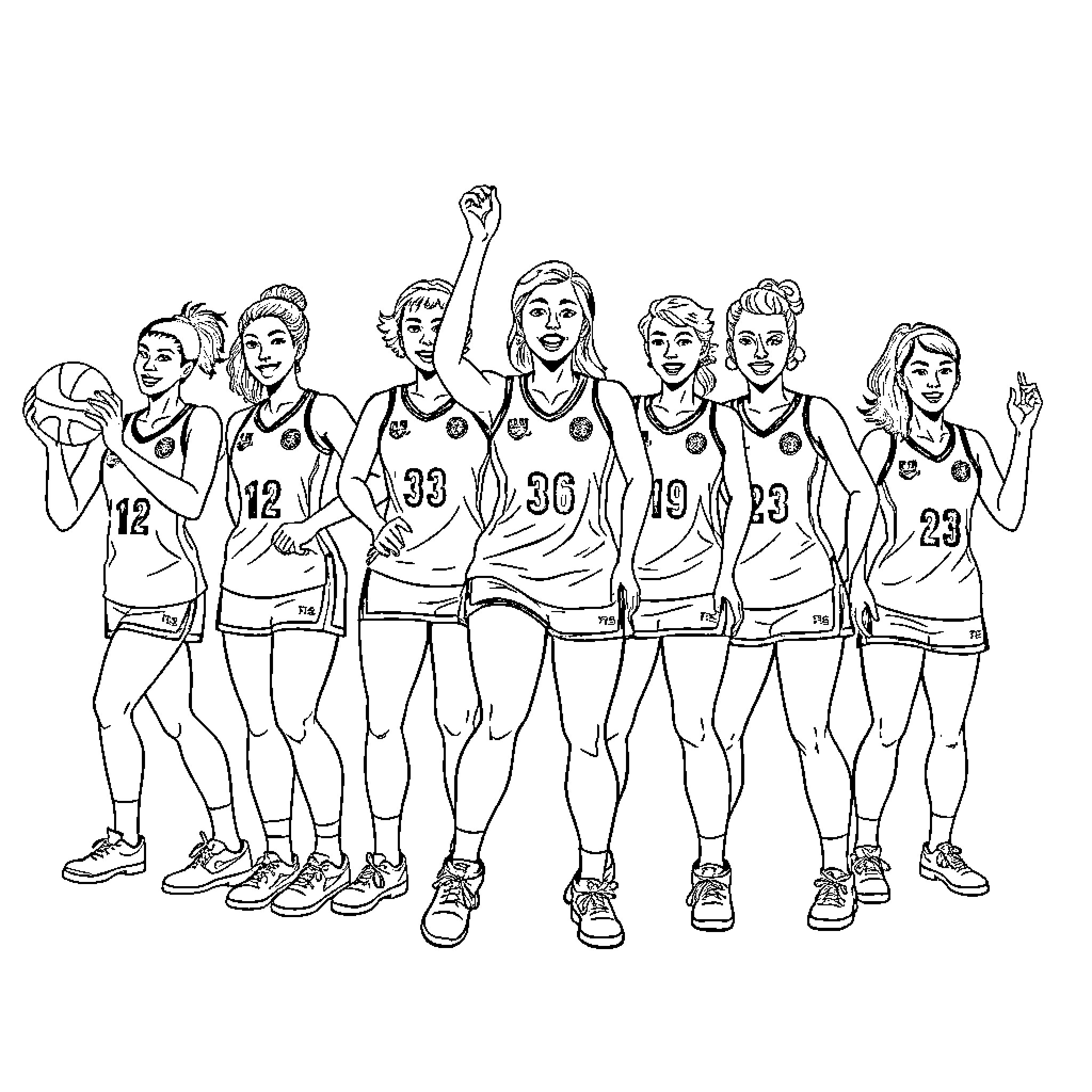 Rose Basketball Team Celebrating Victory Coloring Page (free black-and-white line drawing printable PDF for all, from beginners to advanced learners, including children, teens, adults, and seniors)