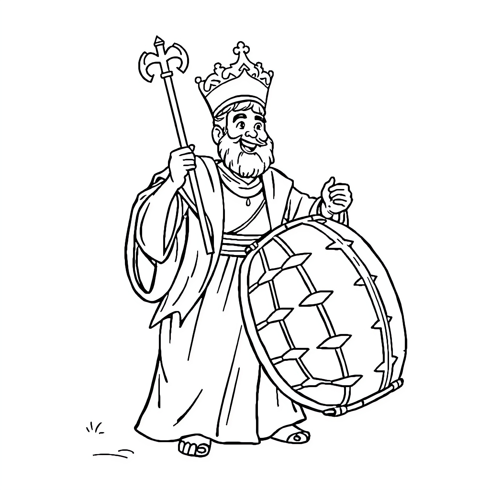 San Juan Bautista ruler holding scepter and globe Coloring Page (free black-and-white line drawing printable PDF for all, from beginners to advanced learners, including children, teens, adults, and seniors)