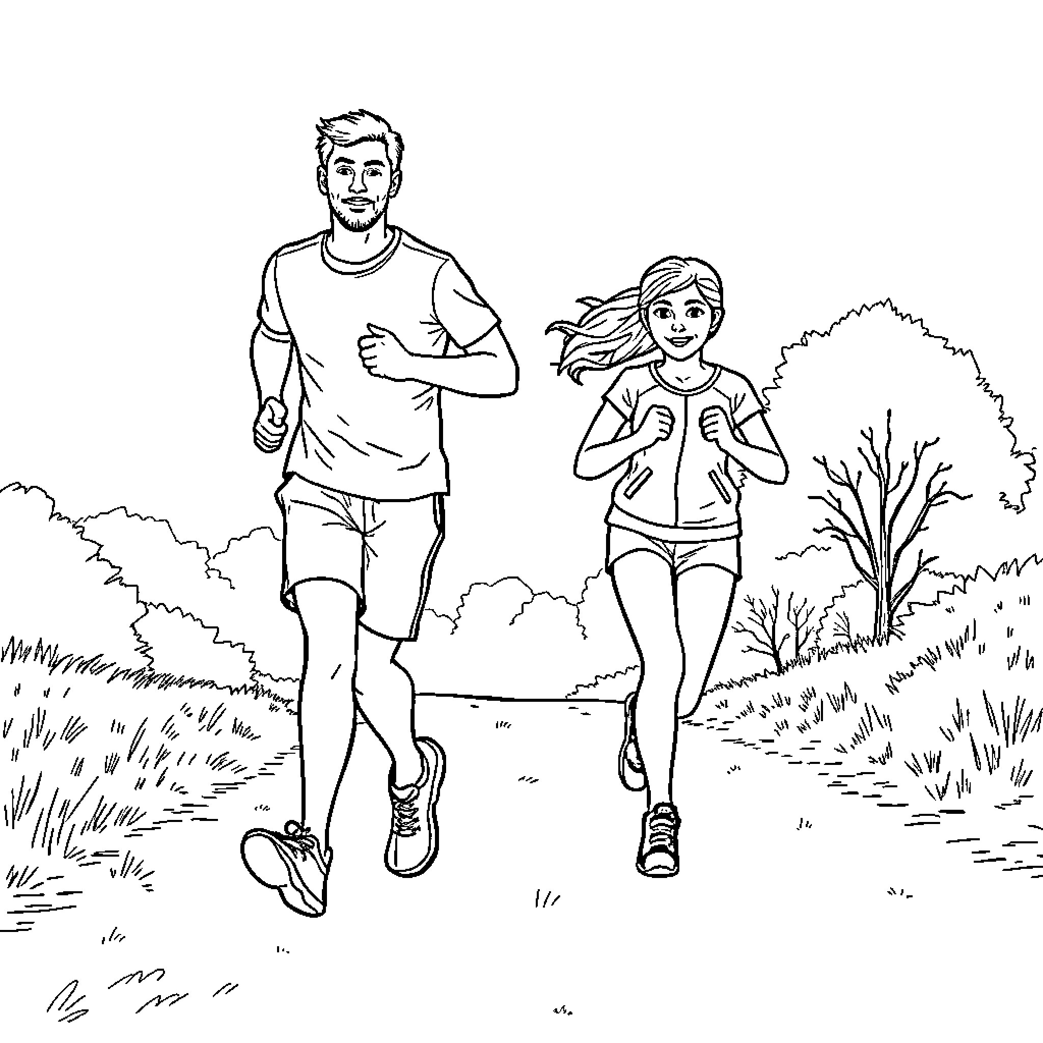 Runner couple exercising together outdoors Coloring Page (free black-and-white line drawing printable PDF for all, from beginners to advanced learners, including children, teens, adults, and seniors)