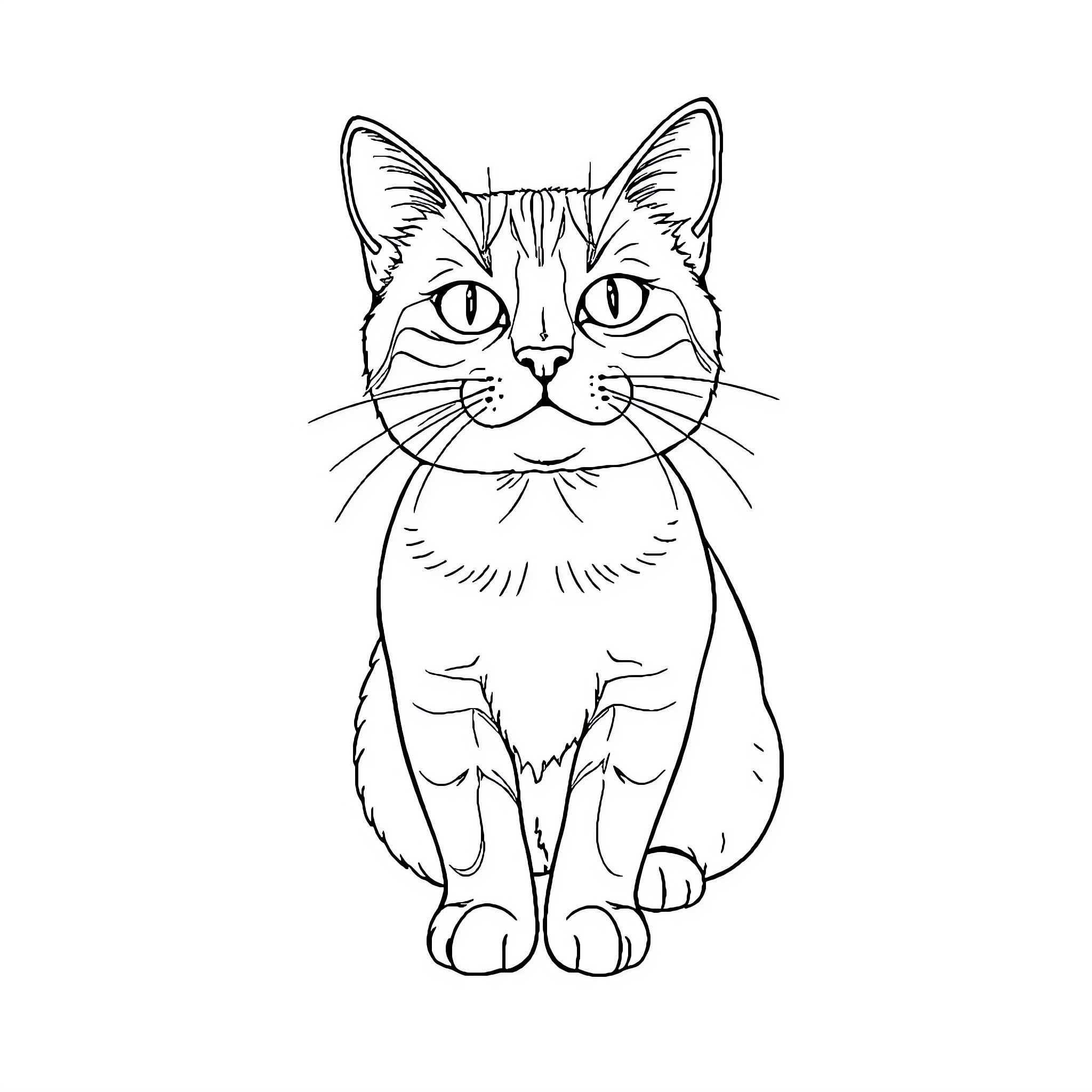 Cat sitting calmly and attentively Coloring Page (free black-and-white line drawing printable PDF for all, from beginners to advanced learners, including children, teens, adults, and seniors)