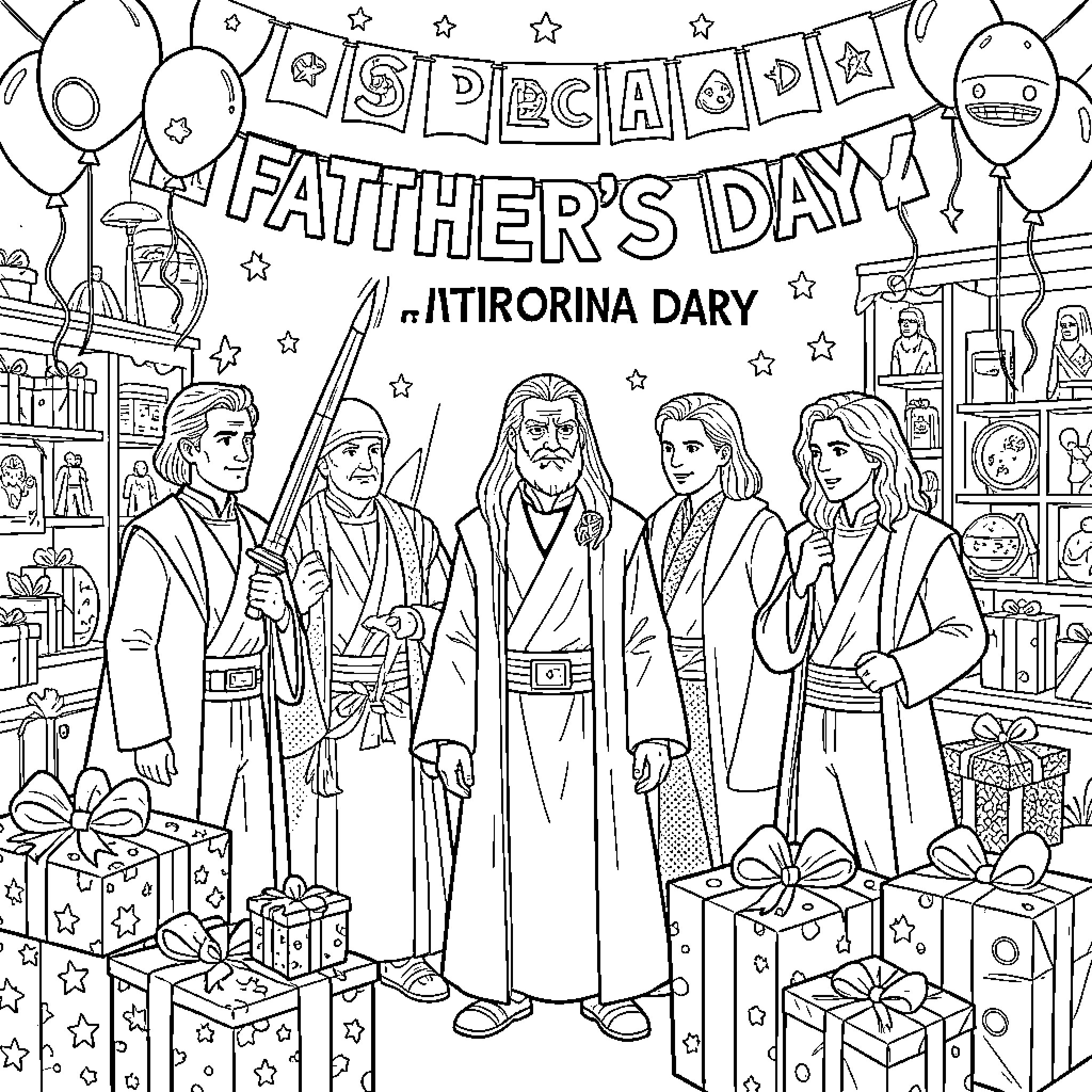 Jedi characters celebrating Father's Day with gifts and decorations Coloring Page (free black-and-white line drawing printable PDF for all, from beginners to advanced learners, including children, teens, adults, and seniors)