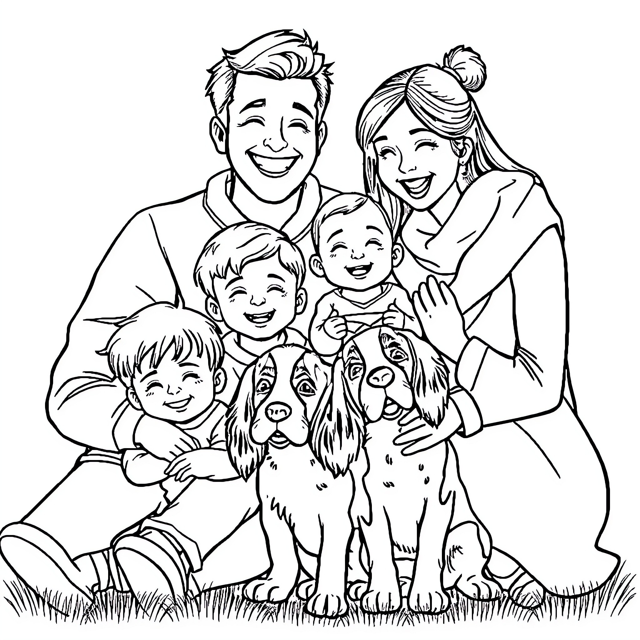Family Enjoying Outdoor Adventure with Playful Pet Coloring Page (free black-and-white line drawing printable PDF for all, from beginners to advanced learners, including children, teens, adults, and seniors)