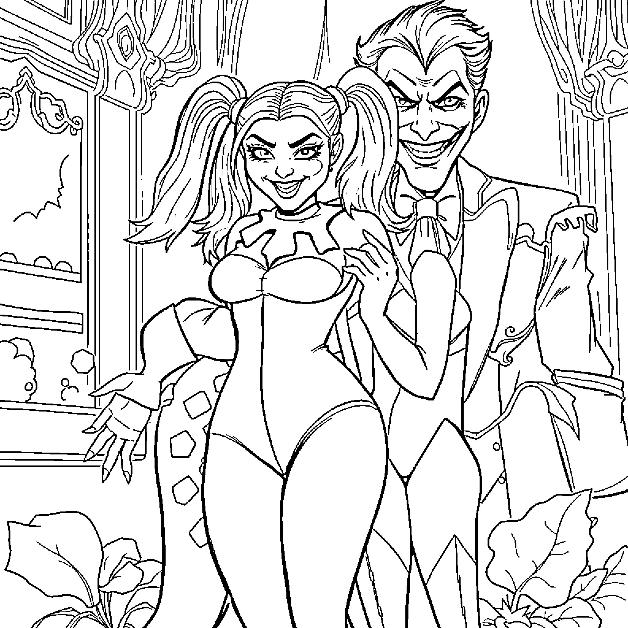 Harley Quinn and Joker in Playful Embrace Coloring Page (free black-and-white line drawing printable PDF for all, from beginners to advanced learners, including children, teens, adults, and seniors)