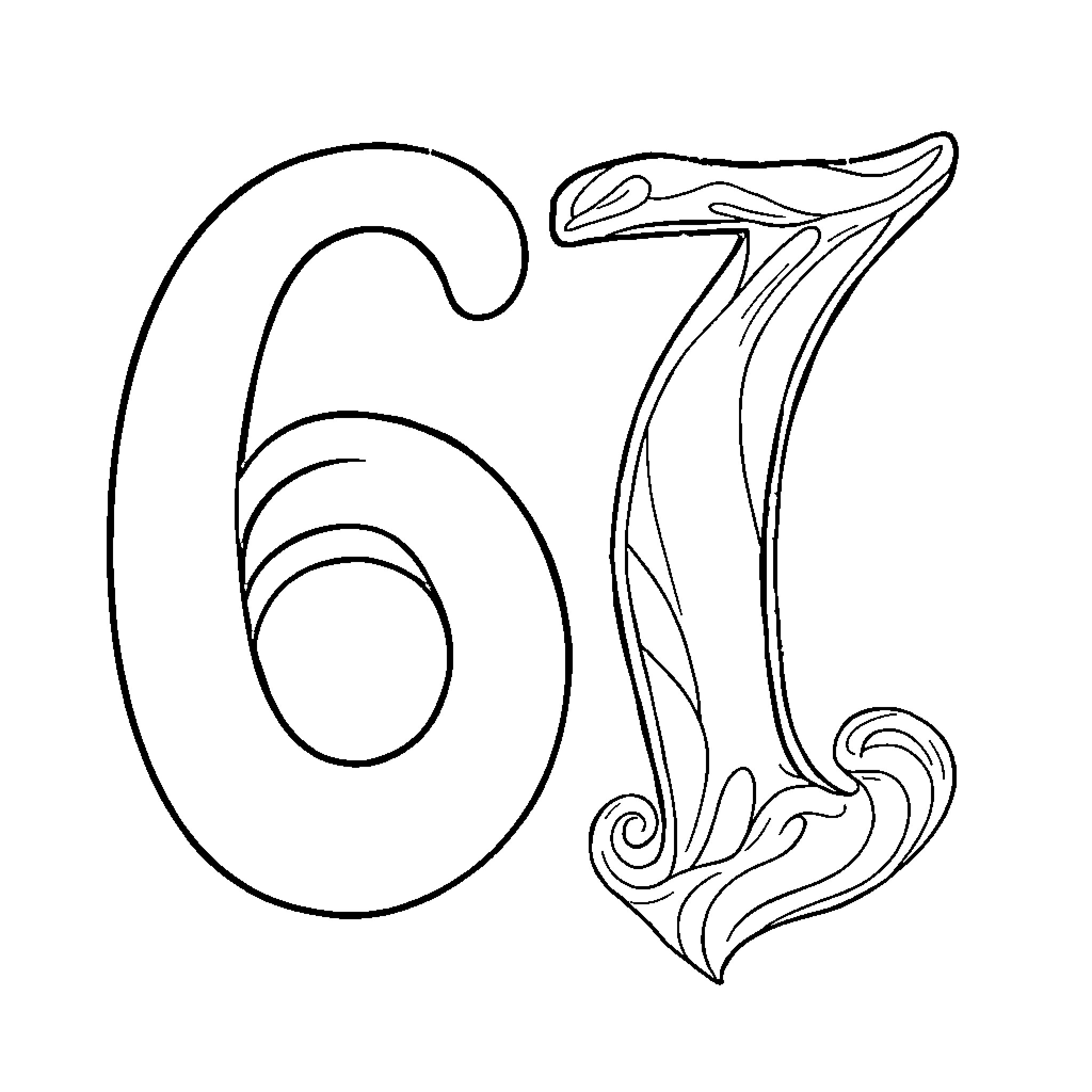 Number Decorative 67 Characters Coloring Page (free black-and-white line drawing printable PDF for all, from beginners to advanced learners, including children, teens, adults, and seniors)