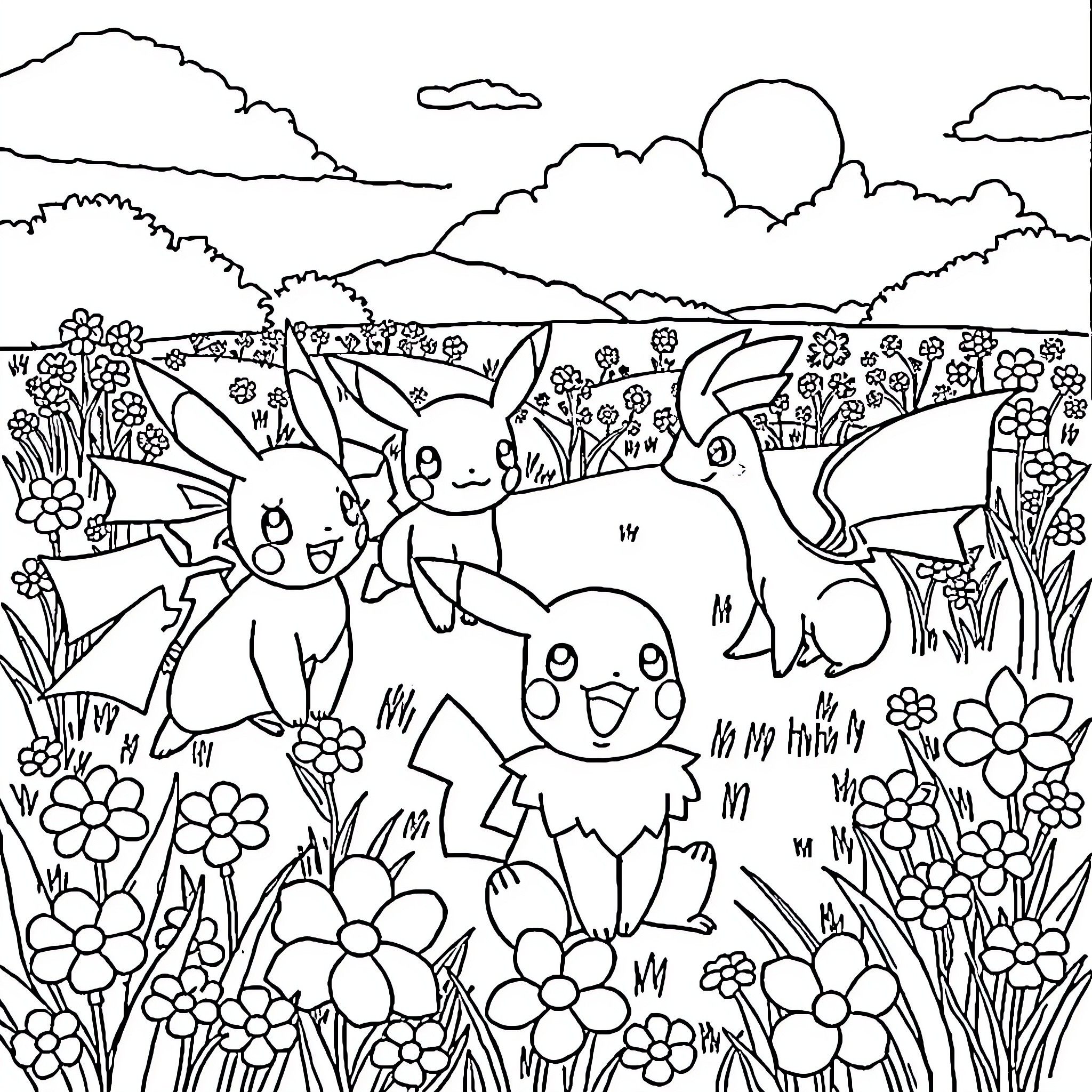 Pokémon characters in a blooming floral landscape Coloring Page (free black-and-white line drawing printable PDF for all, from beginners to advanced learners, including children, teens, adults, and seniors)
