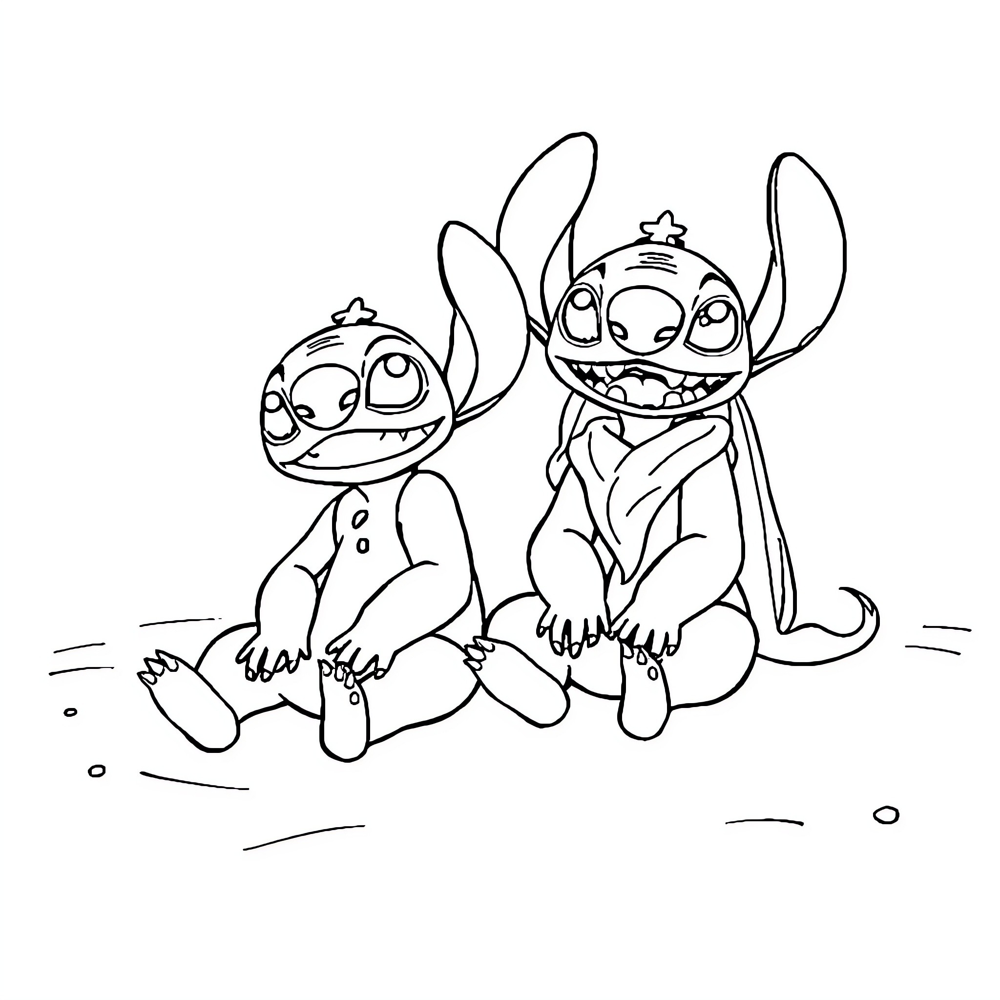 Stitch enjoying playful moment with friend Coloring Page (free black-and-white line drawing printable PDF for all, from beginners to advanced learners, including children, teens, adults, and seniors)
