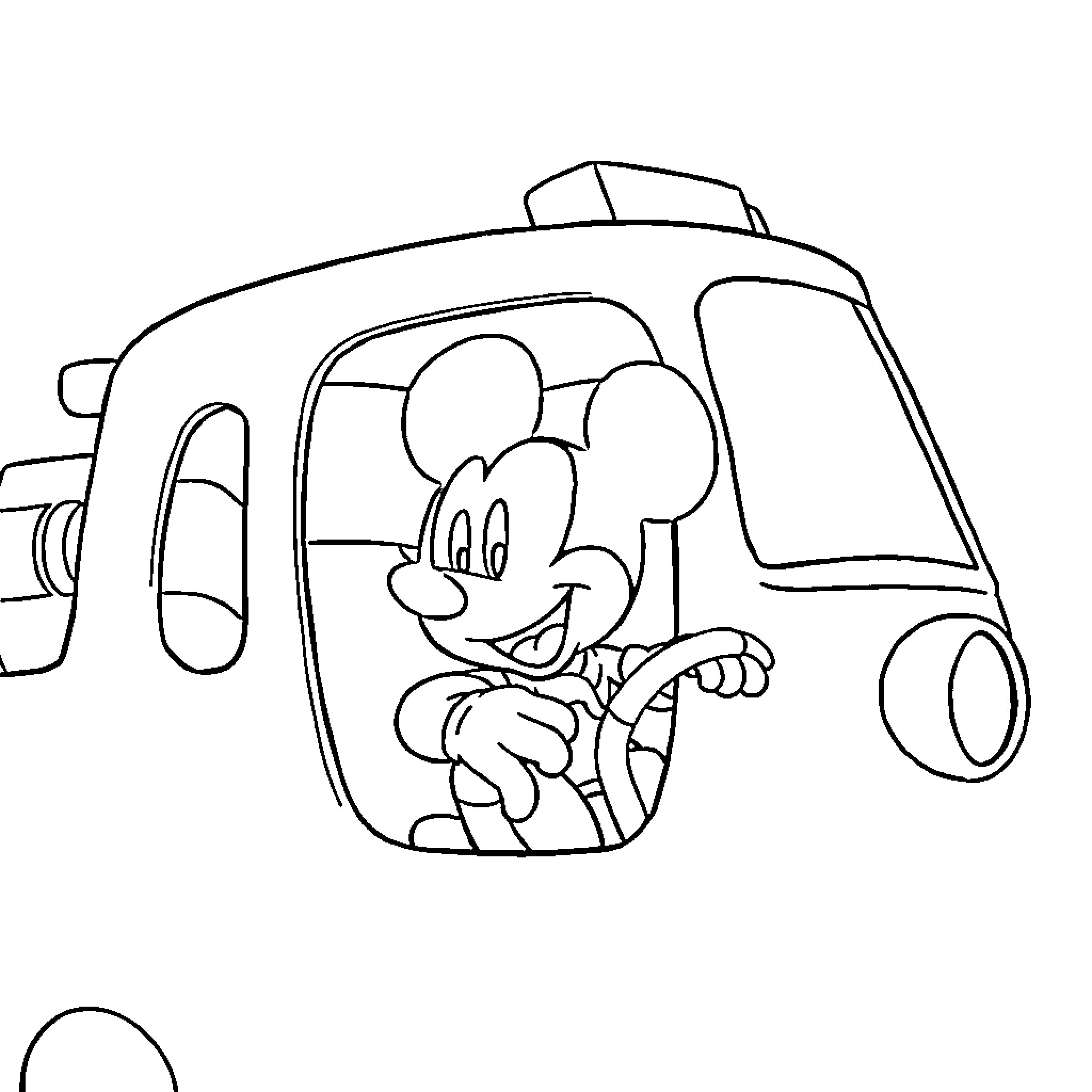 Mickey Mouse driving a cartoon vehicle Coloring Page (free black-and-white line drawing printable PDF for all, from beginners to advanced learners, including children, teens, adults, and seniors)