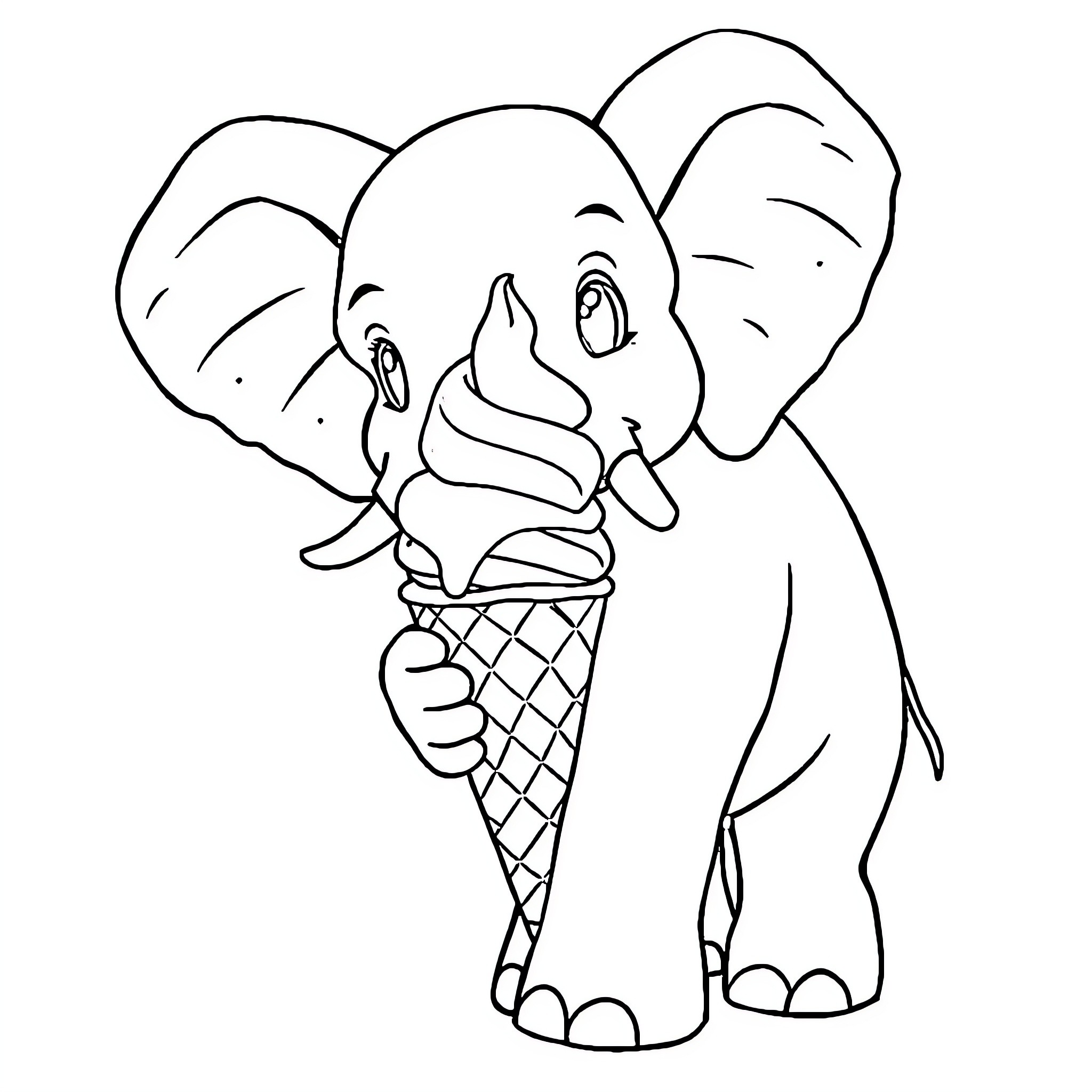 Elephant enjoying a sweet ice cream cone Coloring Page (free black-and-white line drawing printable PDF for all, from beginners to advanced learners, including children, teens, adults, and seniors)