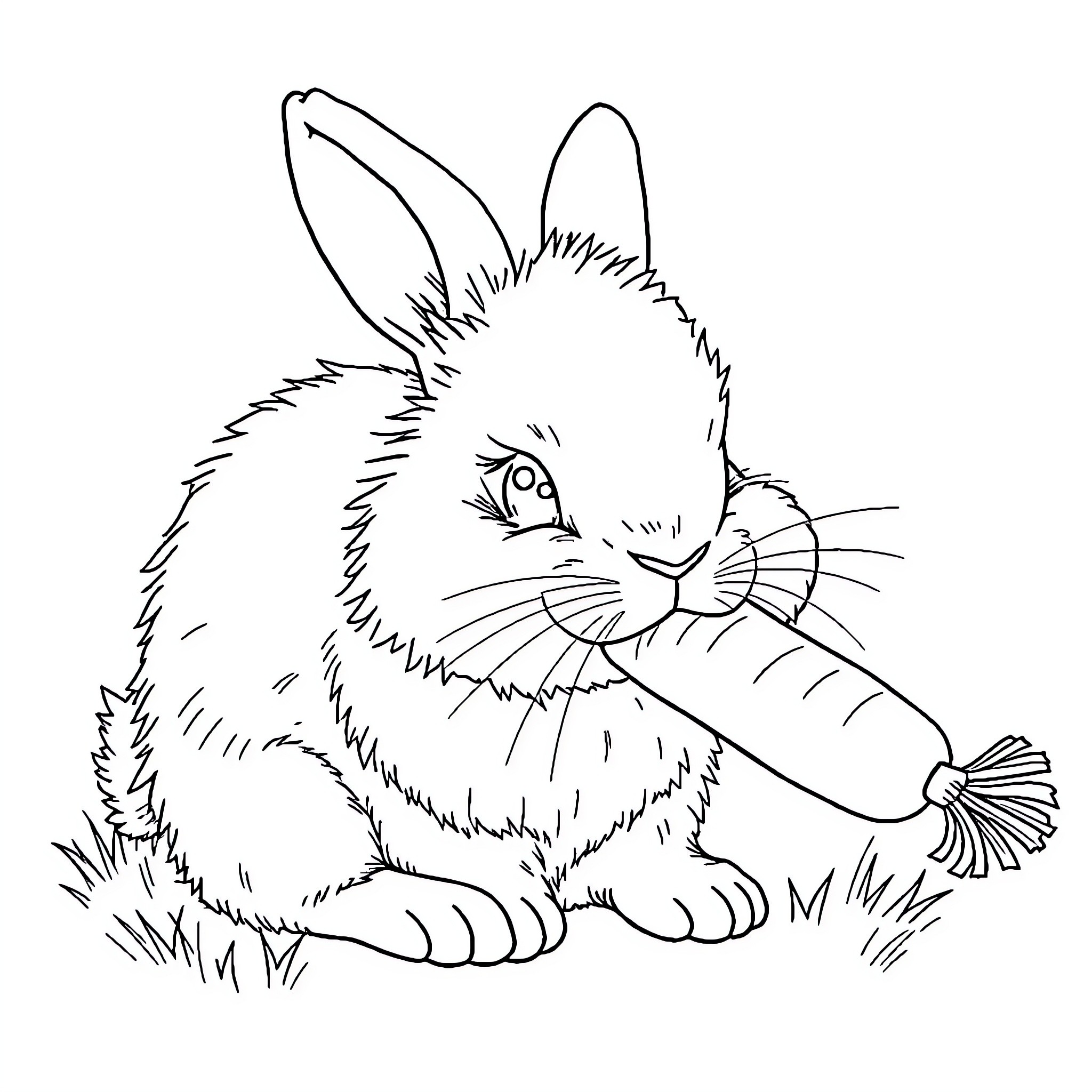 Rabbit enjoying a carrot in a grassy field Coloring Page (free black-and-white line drawing printable PDF for all, from beginners to advanced learners, including children, teens, adults, and seniors)