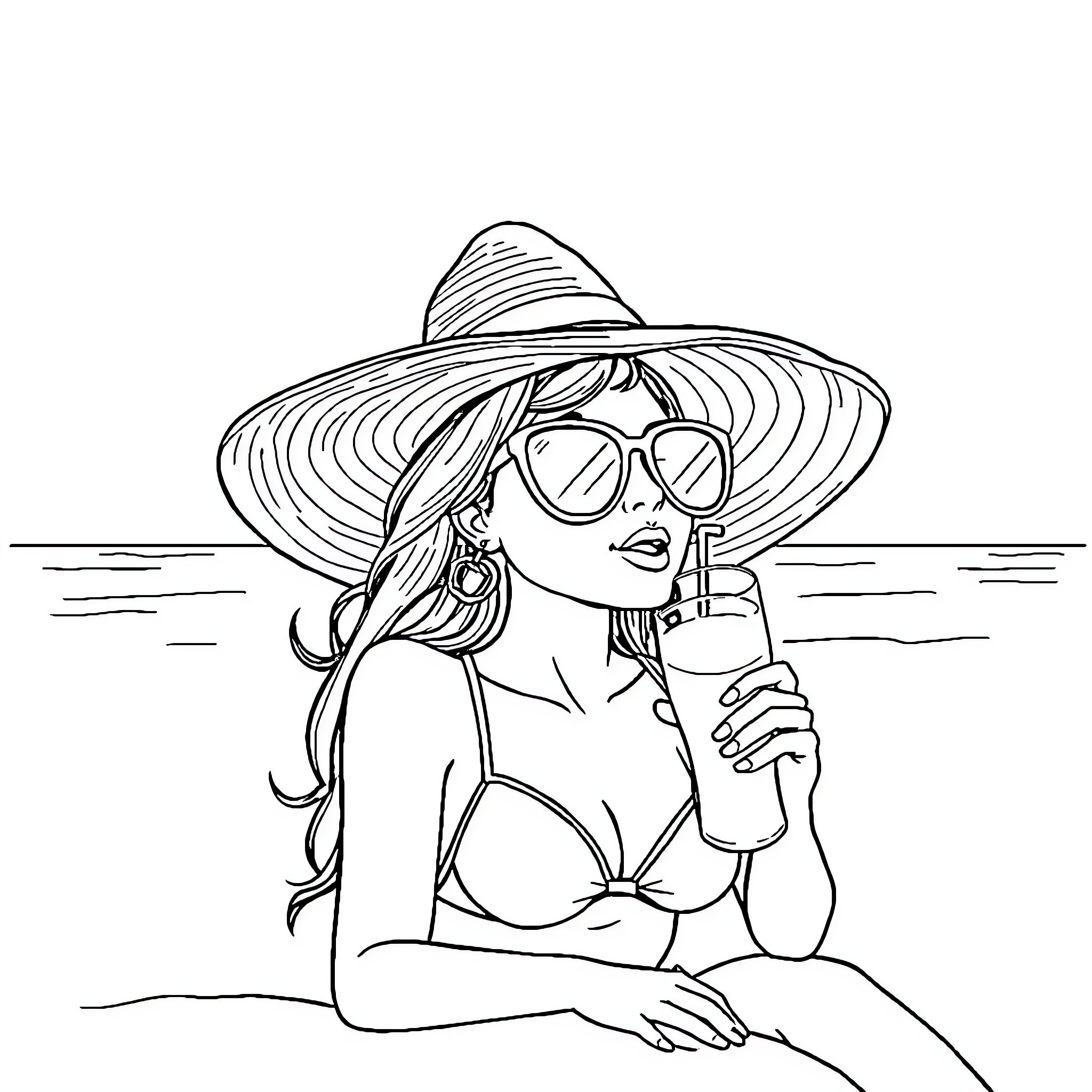 Penelope enjoying a refreshing drink on the beach Coloring Page (free black-and-white line drawing printable PDF for all, from beginners to advanced learners, including children, teens, adults, and seniors)