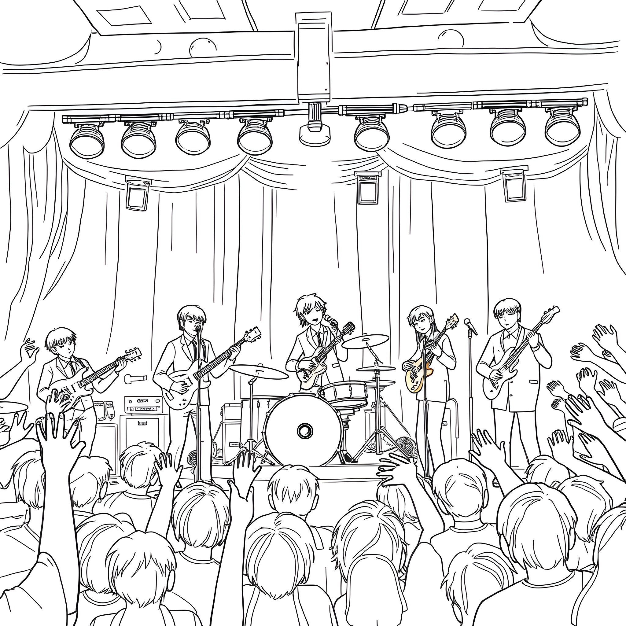 Band performing on stage for energetic crowd Coloring Page (free black-and-white line drawing printable PDF for all, from beginners to advanced learners, including children, teens, adults, and seniors)