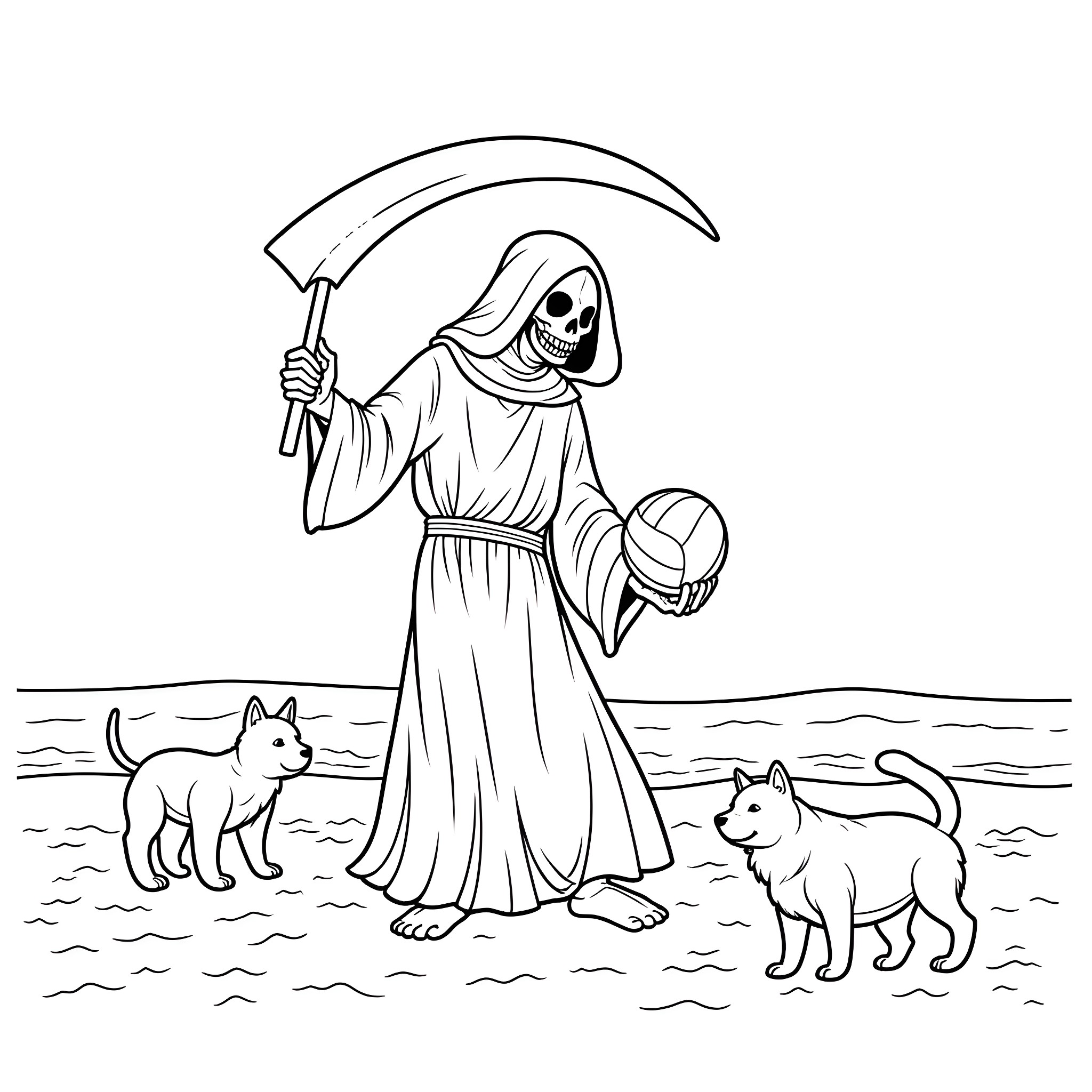 Grim Reaper with Scythe Surrounded by Cats in Desolate Landscape Coloring Page (free black-and-white line drawing printable PDF for all, from beginners to advanced learners, including children, teens, adults, and seniors)