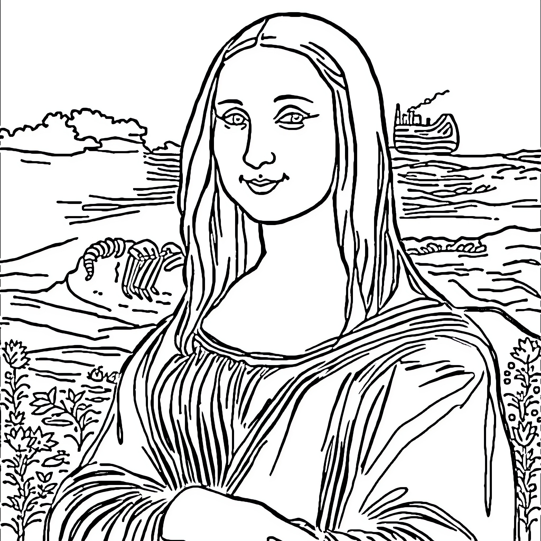 Mona Lisa in a Serene Landscape Coloring Page (free black-and-white line drawing printable PDF for all, from beginners to advanced learners, including children, teens, adults, and seniors)